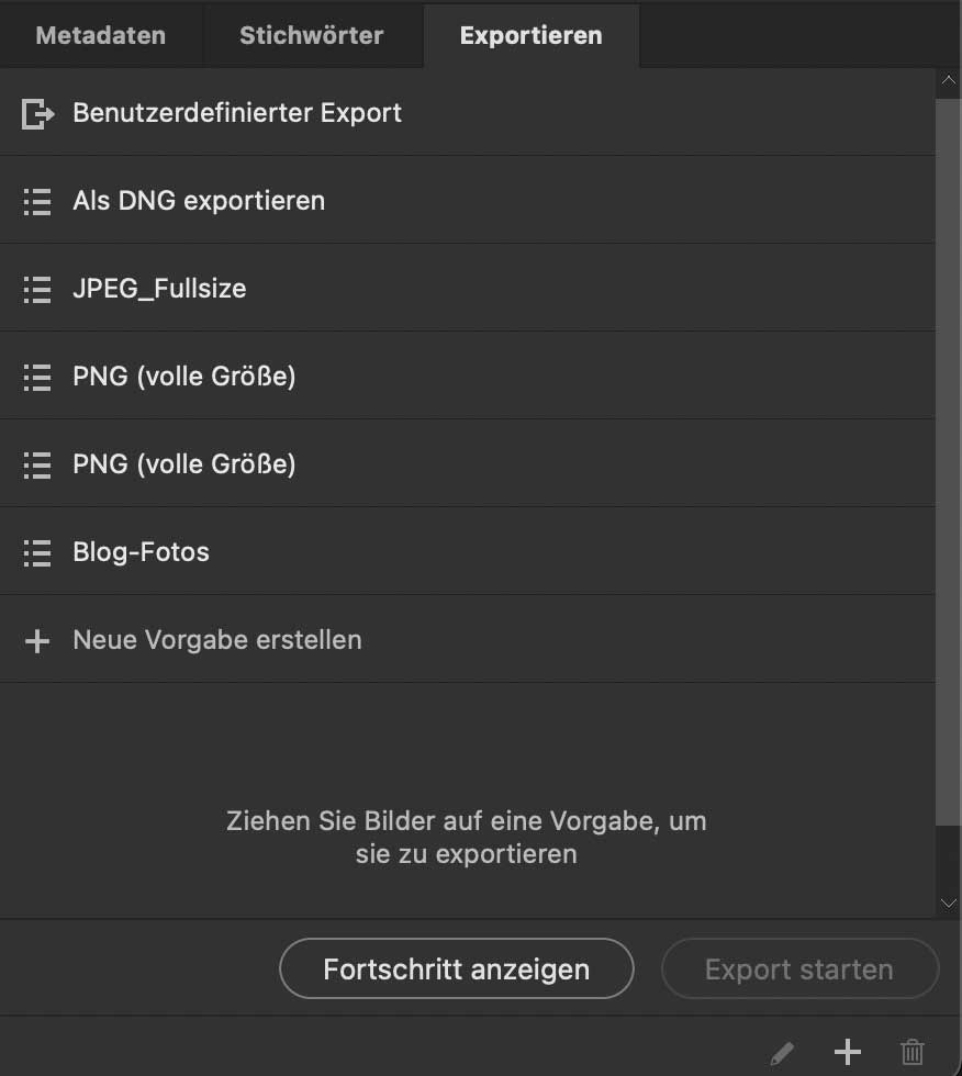 Im Exportieren-Fenster können Sie Export-Vorlagen anlegen, die einfach per Drag-and-Drop auf ausgewählte Fotos angewendet werden. Bildformate in Adobe Bridge per Drag-and-Drop konvertieren