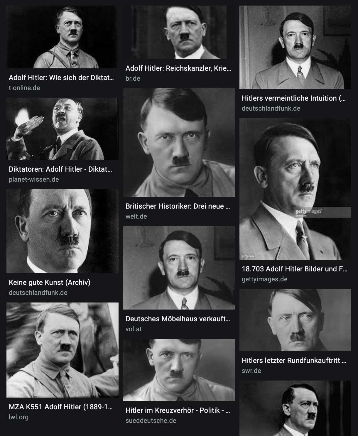 Wenn man ein paar Miniaturvorschauen im Überblick betrachtet, wirkt Hitlers zeitlos untypisch schmaler Oberlippen-Balken immer noch komisch. Quelle: Google-Bildersuche