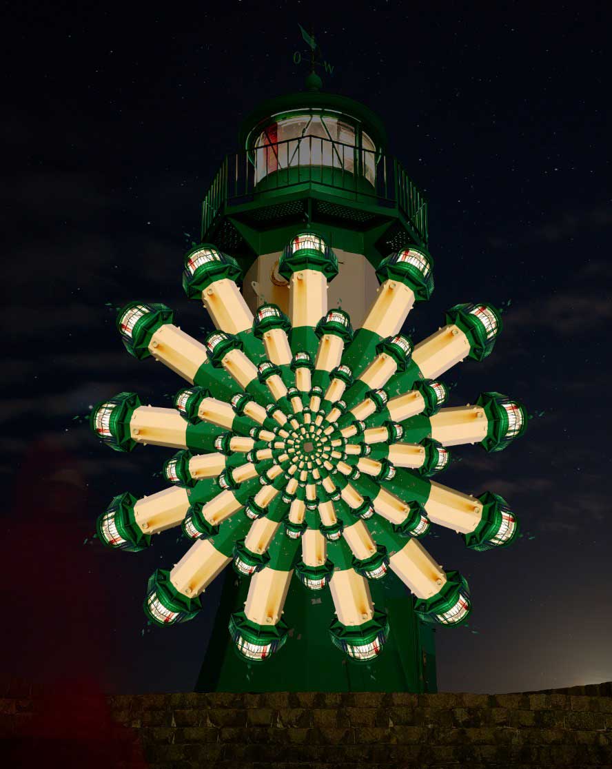 Ein Leuchturm-Array, bei dem ich per Klick 12 Kopien des Leuchturms mit dem Panel erzeugt habe. Weitere Kopien hab ich dann per Photoshops »Erneut transformieren« verkleinert überlagert. Das ergibt jetzt nicht unbedingt Sinn, aber Sie erkennen die Möglichkeiten. ;-)