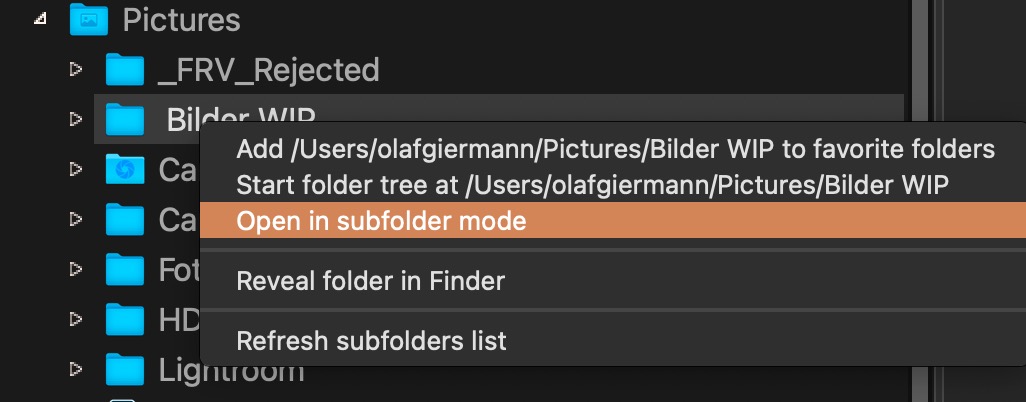 FastRawViewer: Der Befehl "Open in subfolder mode" im Kontextmenü zeigt Bilder aller unterstützten Formate auch in enthaltenen Unterordnern an.