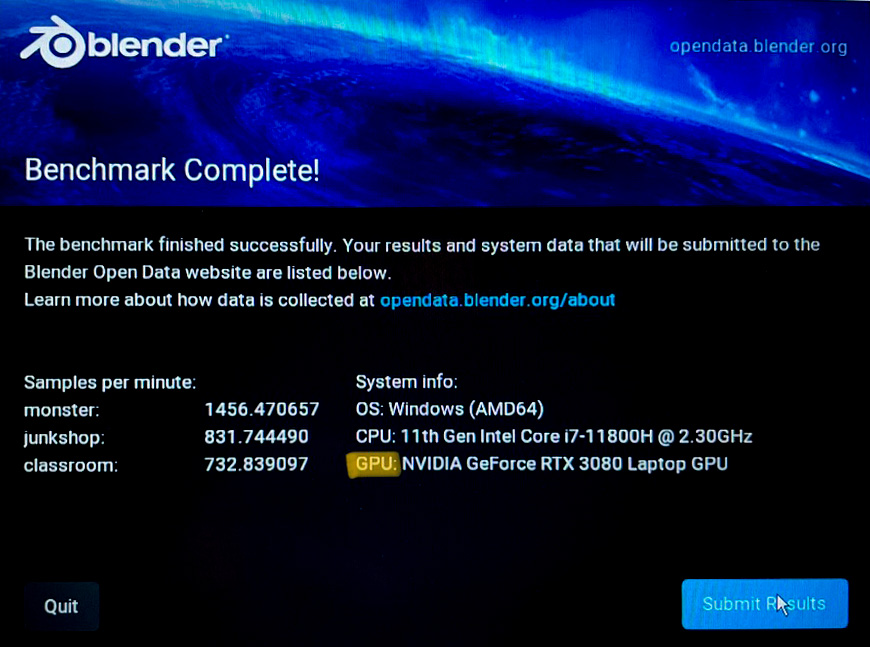"Samples pro Minute"-Ergebnisse des NVIDIA Studio Laptops (GPU-Berechnung)