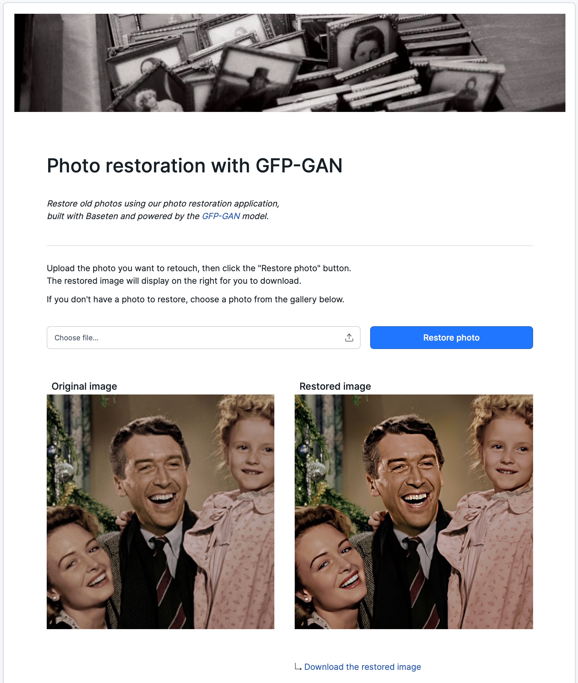 Die Web-App zu GFP-GAN ist einfach und übersichtlich: Foto hochladen, auf "Restore photo" klicken und dann das fertig verbesserte Bild über den Link unter der Ergebnisvorschau herunterladen.