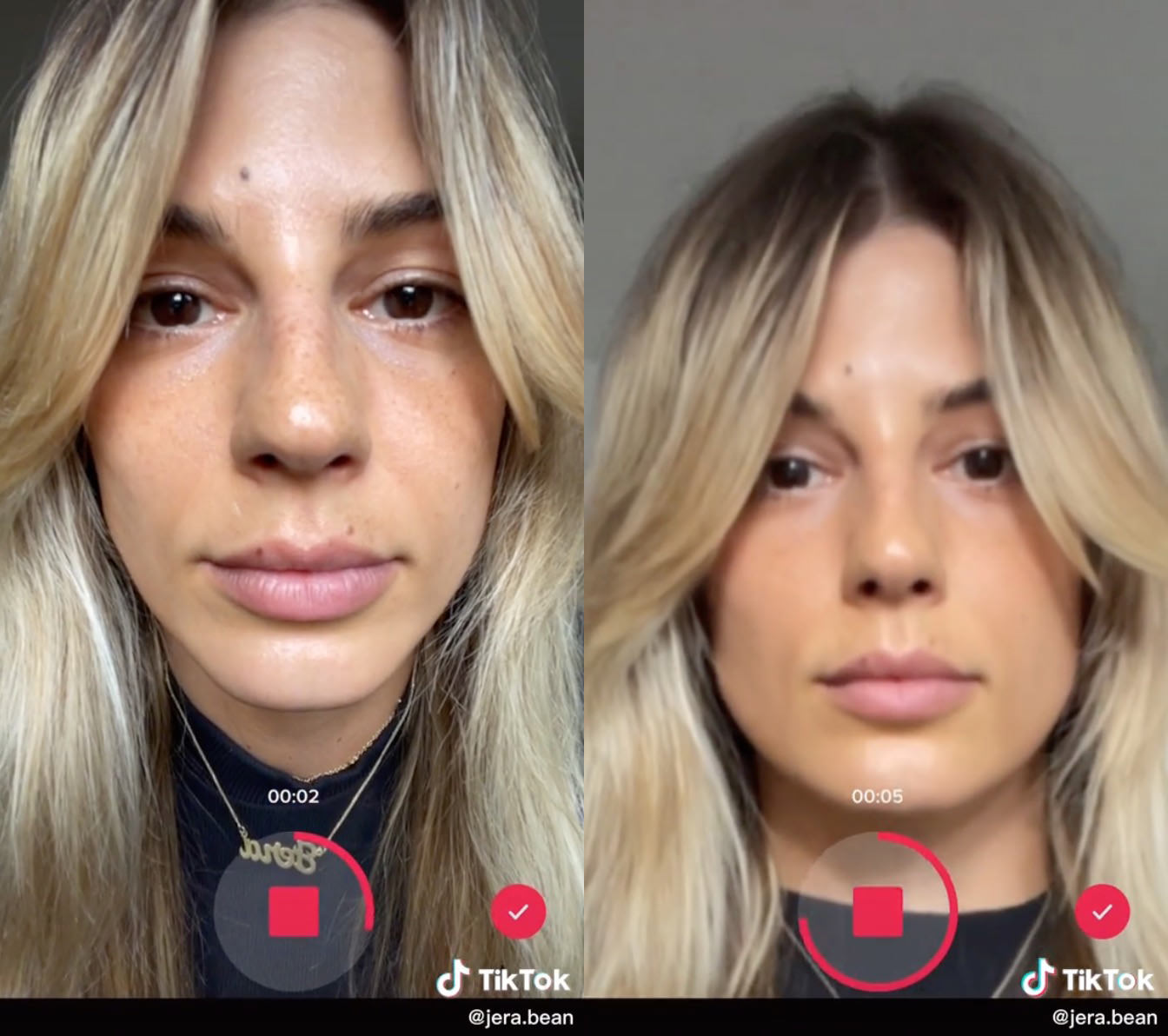 Der TikTok-Filter Face Zoom behält das Gesicht formatfüllend  in der Mitte des Videos – und zeigt so schön, wie sich die Perspektive und damit die Darstellung des Gesichts mit sich änderndem Abstand zur Kamera verändert.  Die Brennweite bleibt dabei identisch. © jera.bean