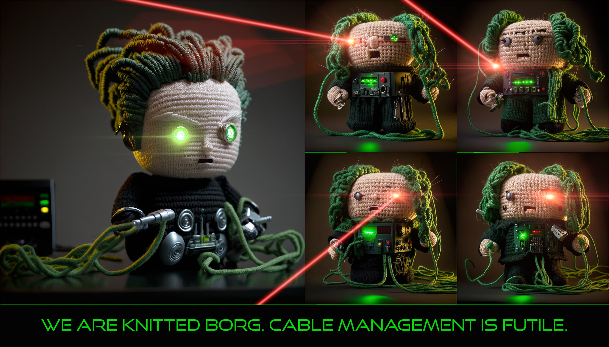 "Wir sind gestrickte Borg. Kabelmanagement ist zwecklos." – Meine Idee mit einigen Midjourney-Versuchen und dann Photoshop umgesetzt. Die „Zukunst“ – Widerstand ist zwecklos