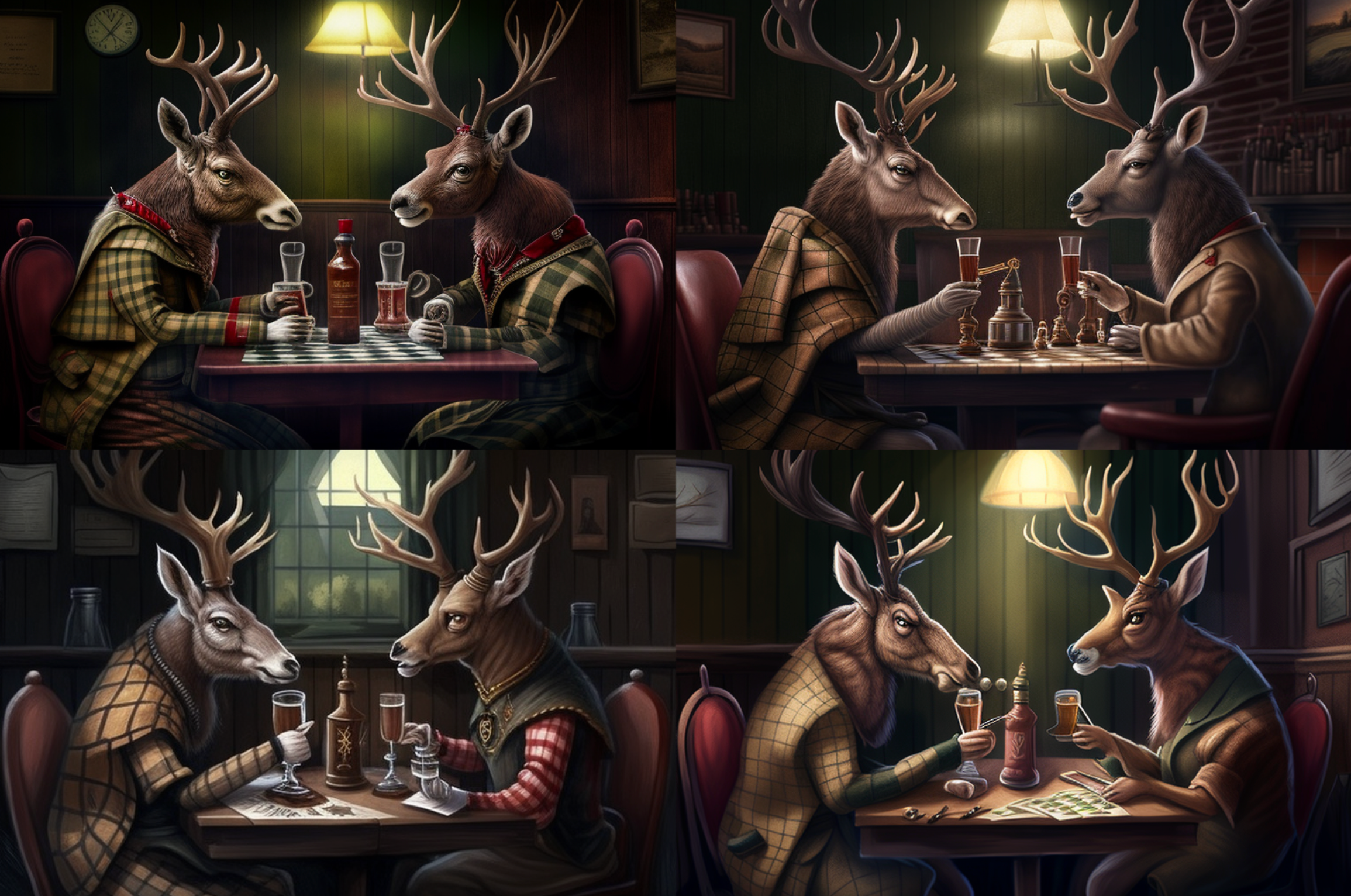 Two young deer bucks in a traditional english pub, playing chess with King's Gambit --ar 3:2. Anthropomorphismus