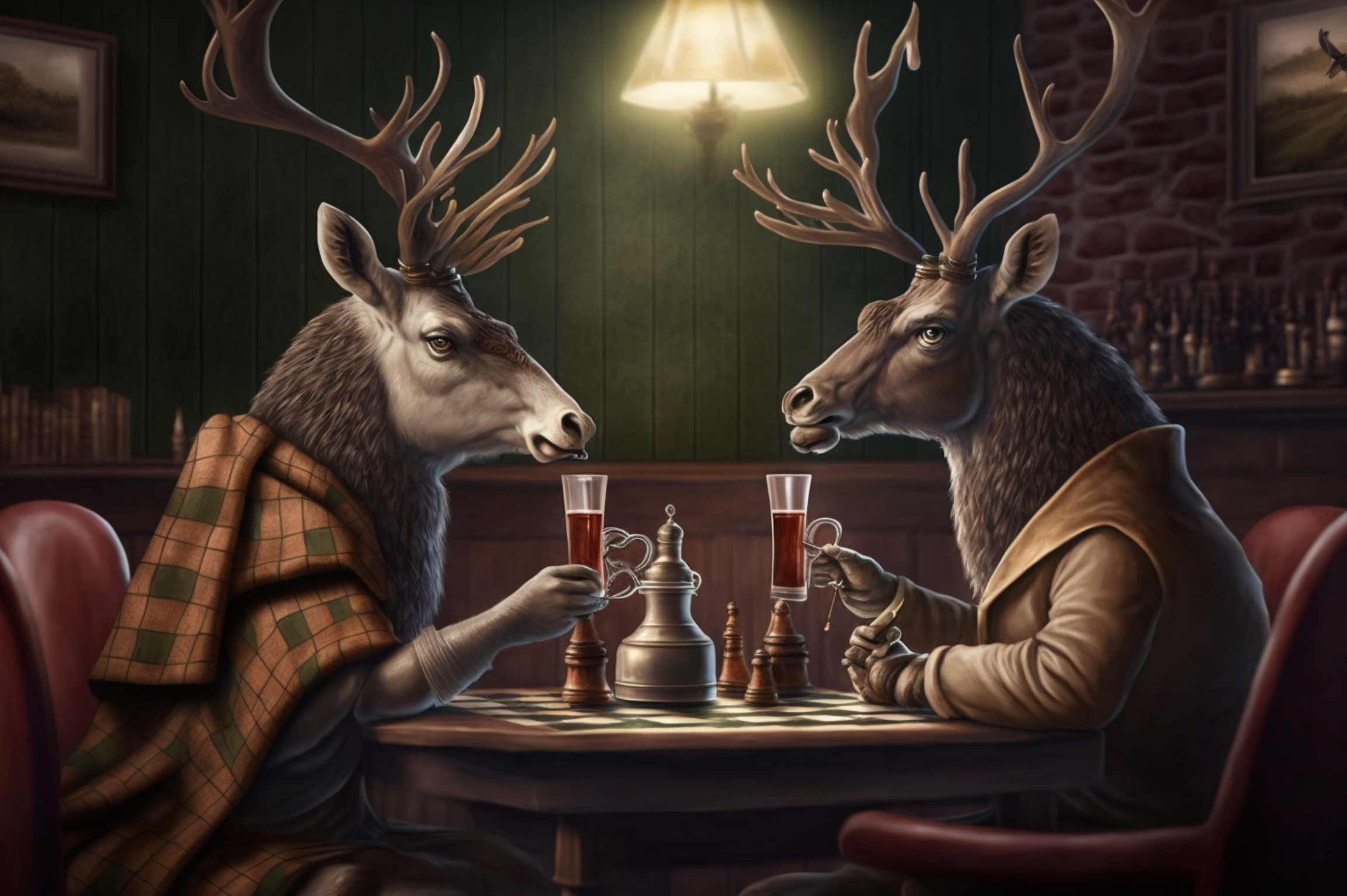 Two young deer bucks in a traditional english pub, playing chess with King's Gambit --ar 3:2. Anthropomorphismus