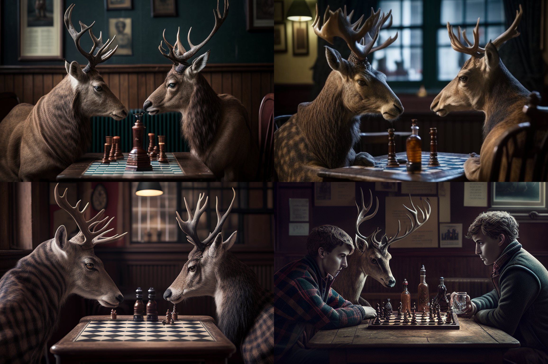 Two young deer bucks in a traditional english pub, playing chess with King's Gambit, Hasselblad H6D style --ar 3:2. Anthropomorphismus