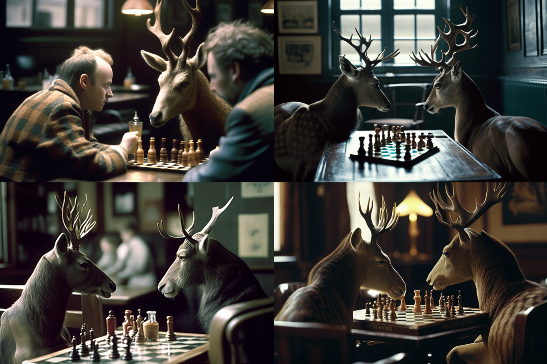 Two deer bucks in a traditional english pub, playing chess with King's Gambit, Agfa color film 1990s --ar 3:2. Anthropomorphismus