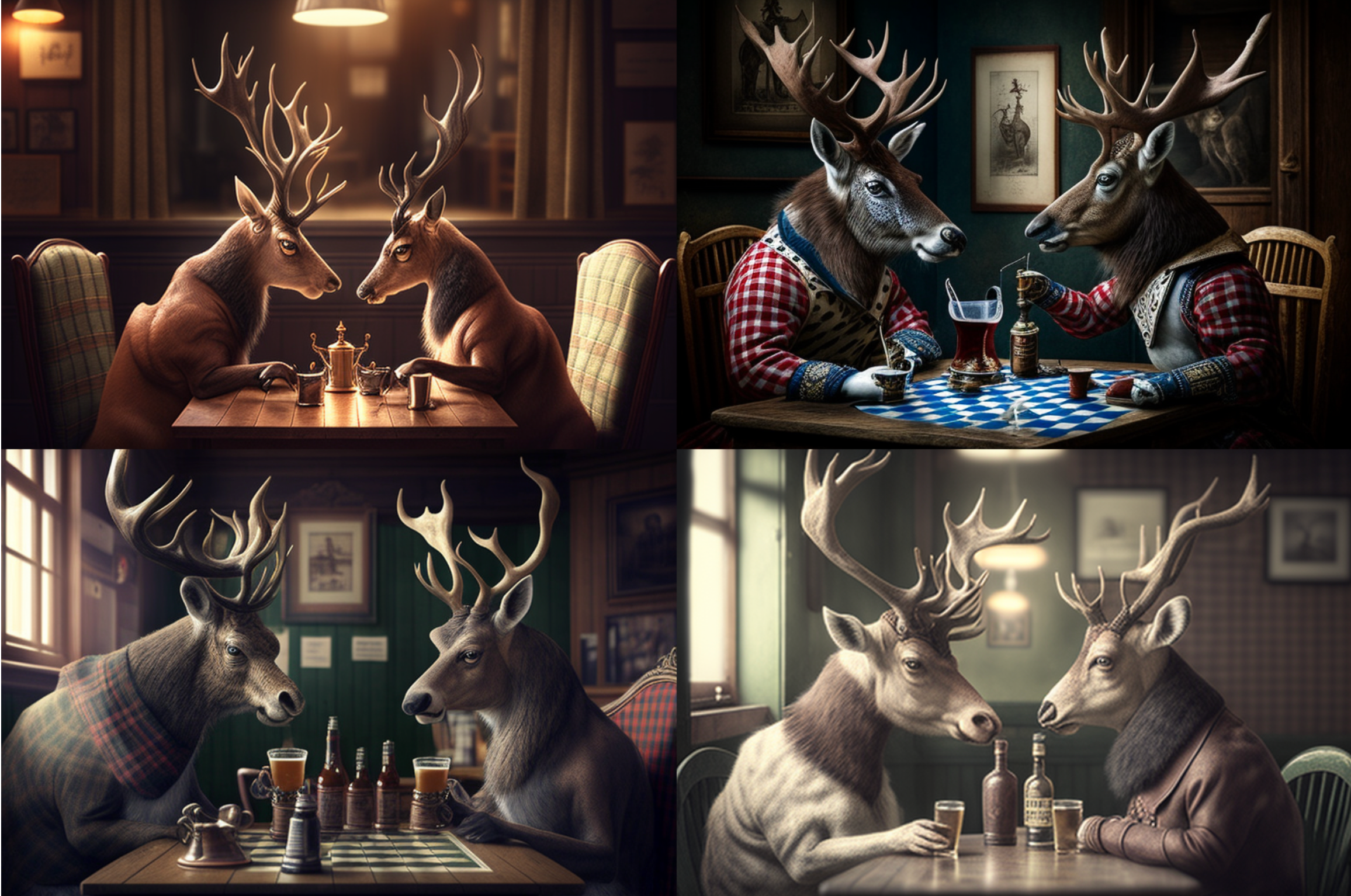 Two deer bucks playing chess in a pub —ar 3:2. Anthropomorphismus