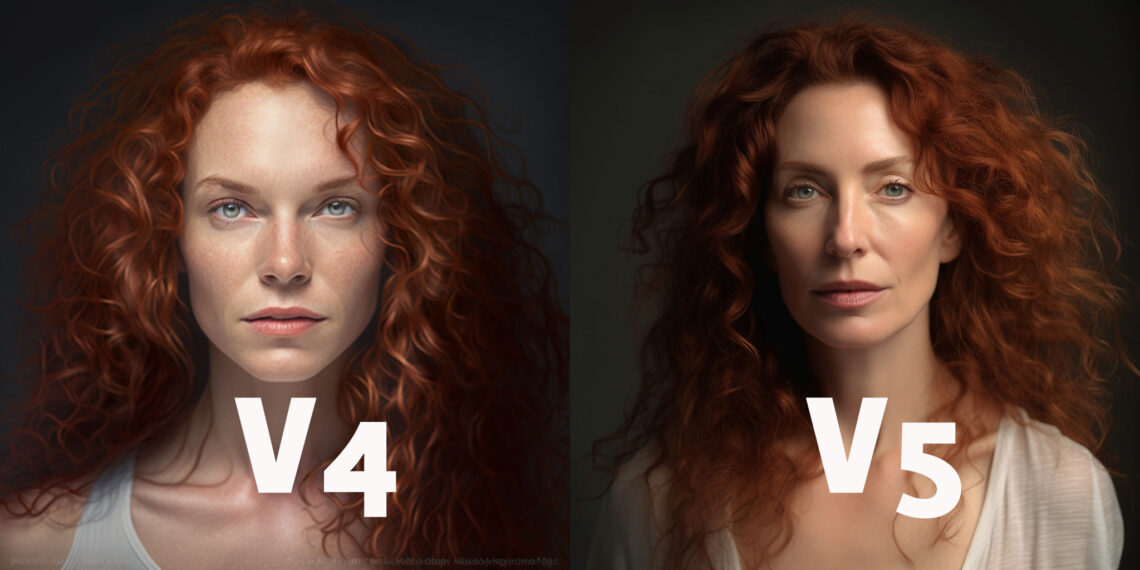 Der Prompt zu beiden Bildern: »a 42 year old female photomodel, with detailed skin, long Curly messy red hair, intense round eyes, pronounced cheekbones, strong fine contoured lips, wearing an semitransparent white shirt, micro detail, psychosexual pose«