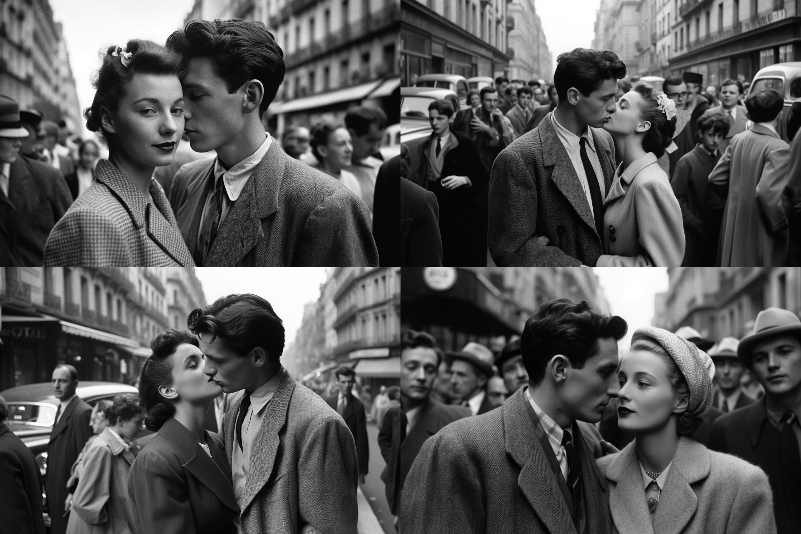 Midjourney Prompt: »A wide angle lens black and white photograph taken in 1950, captures a tender moment between a young couple sharing a passionate kiss in the busy streets of Paris, France. In the foreground of the image, the couple is oblivious to their surroundings as they embrace each other. The man, dressed in a dapper suit, has his right arm around the woman, while his left hand gently cradles her face. The woman, wearing a stylish dress, has her arms wrapped around the man's neck, further drawing him in. Their eyes are closed, emphasizing the emotion and intimacy of the moment.The backdrop of the photograph is the bustling Parisian street near the Hôtel de Ville, a prominent and historic building that serves as the city's administrative center. The street is filled with pedestrians, bicycles, and cars, highlighting the contrast between the private, romantic moment shared by the couple and the dynamic, public setting around them. --ar 3:2 --s 750 --q 2 --v 5«. KI-Prompt Inspiration: Describe