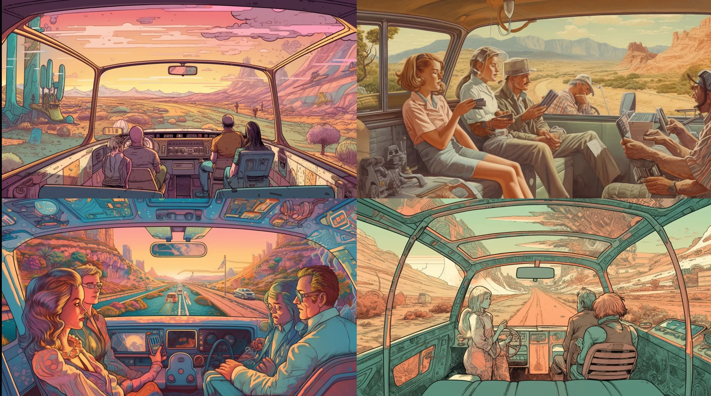highly detailed retrofuturism, a family playing a party game in a self driving car, on highway leading trough a future landscape --ar 16:9. Retrofuturismus