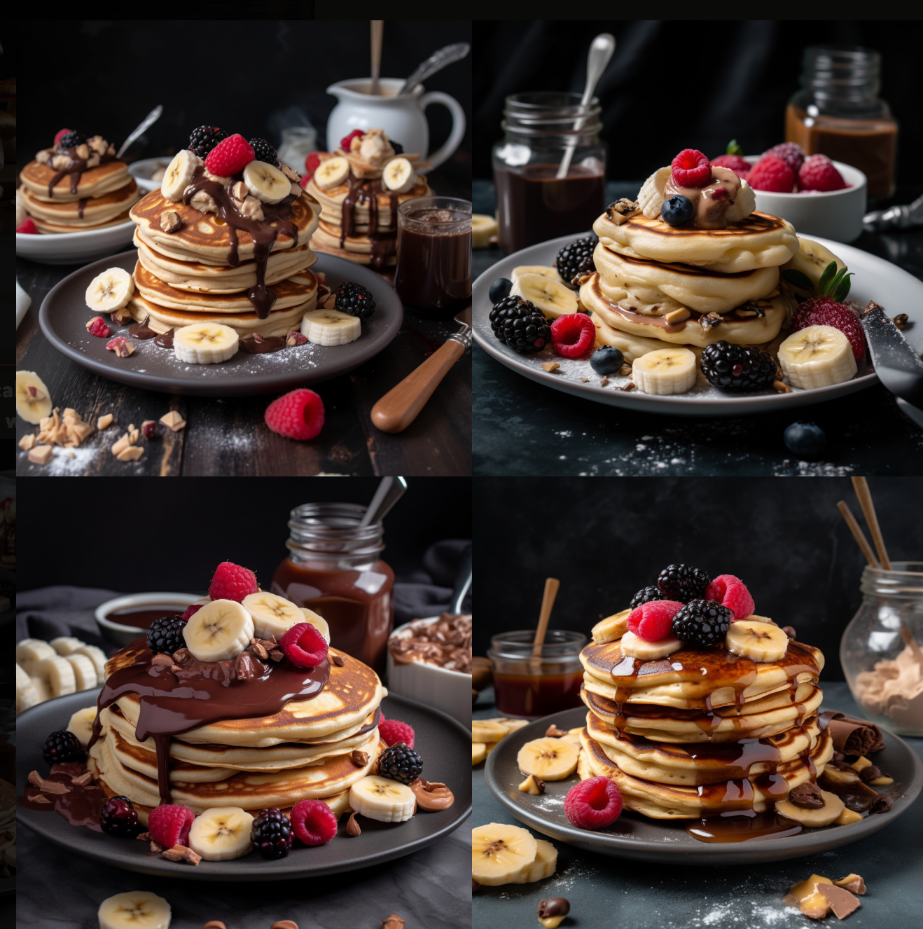 fluffy pancakes from a classic American breakfast. With an ice cream scoop, with peanut butter, banana slices and chocolate drops. And maple syrup, Nutella, jam and refined the dough with berries