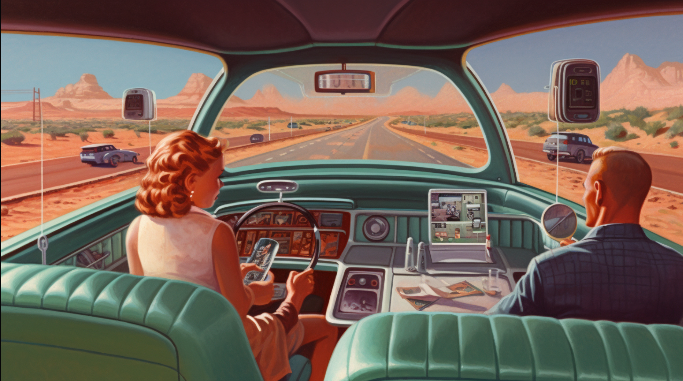 ene by Arthur Radebaugh, a family playing a party game, in a self driving car, on highway a highway that runs through a future landscape --ar 16:9. Retrofuturismus