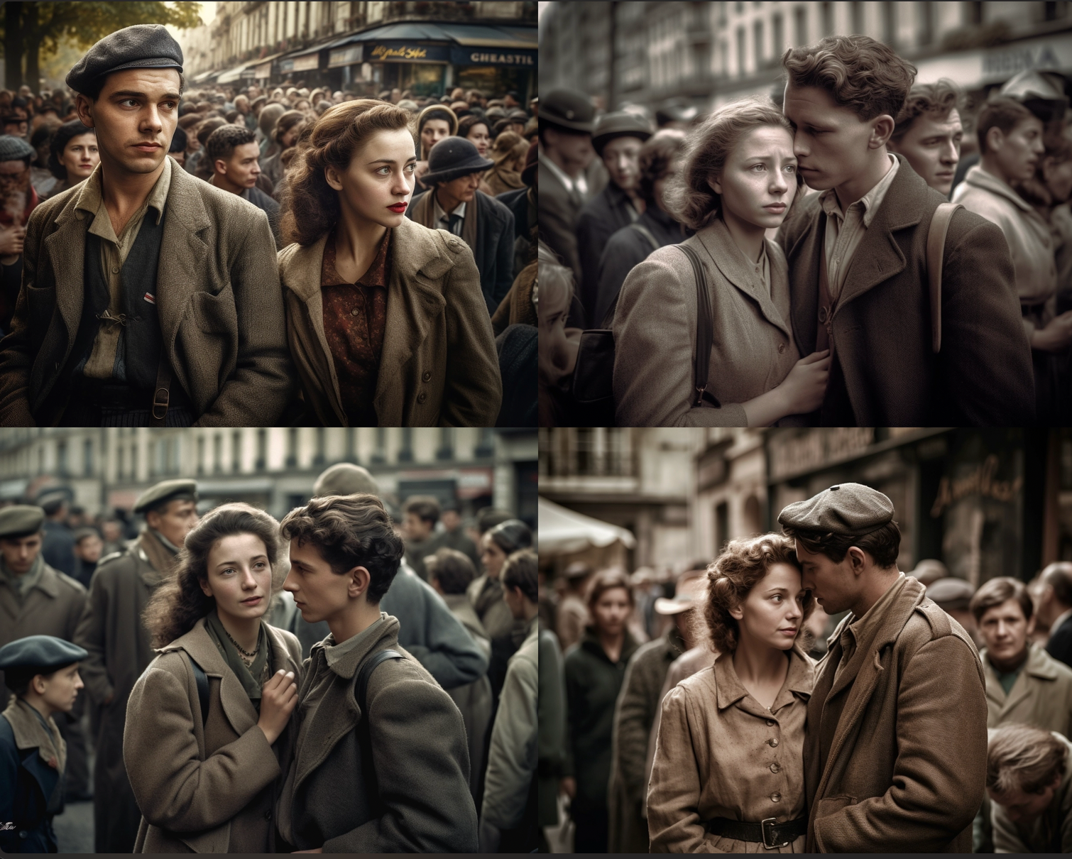 »young couple outside, french paris, in the style of post-world war ii art, photobash, emotional narrative, notable sense of movement, detailed crowd scenes, school of london, love and romance --ar 29:23 --s 750 --q 2 --v 5«
