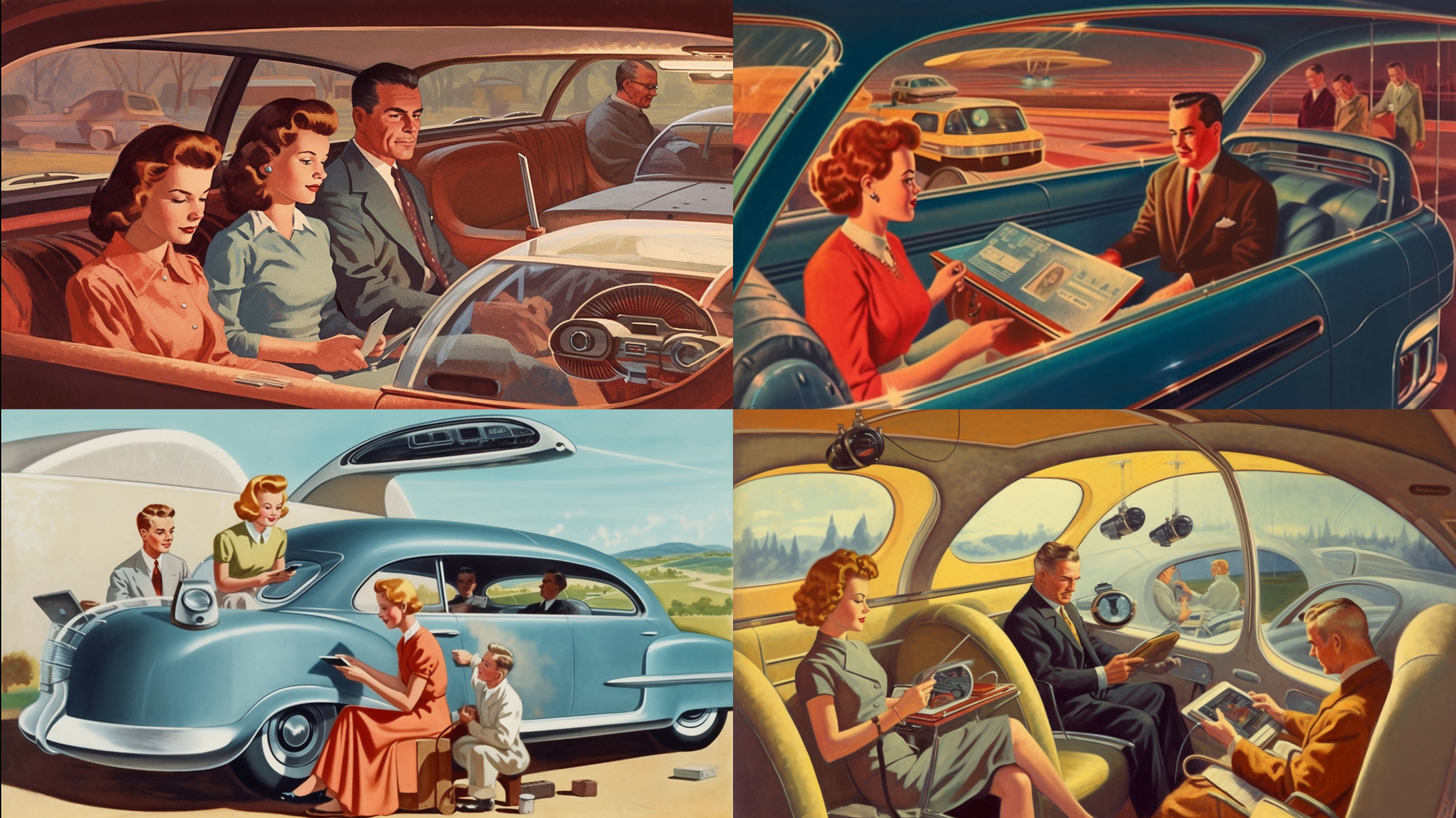 a family playing games in a self driving car, on highway a highway  Retrofuturism by Arthur Radebaugh1 --ar 16:9 