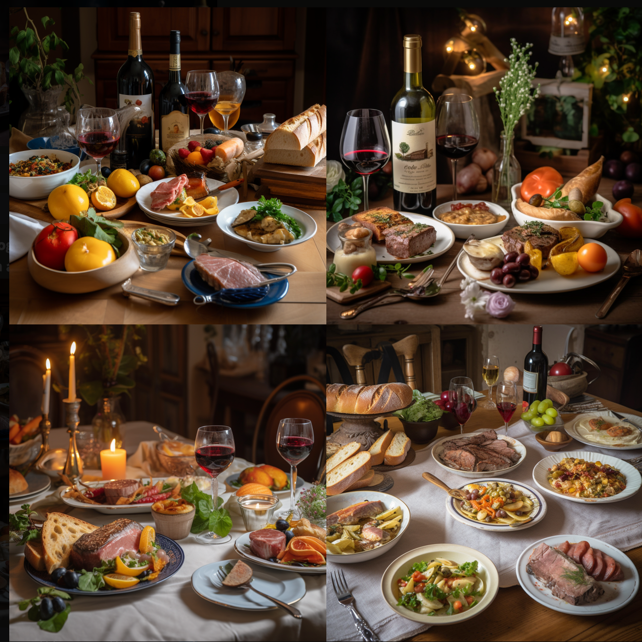 professional photography of a combination of french dinner menues with meat or fish along some vegetables and classic French pantry staples and red wine