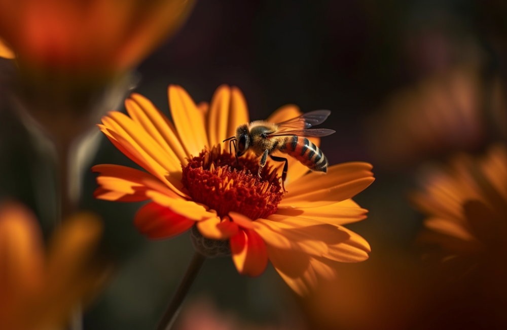 professional macro photography of a bee flying, colorful flowers, in warm sunny light --ar 3:2