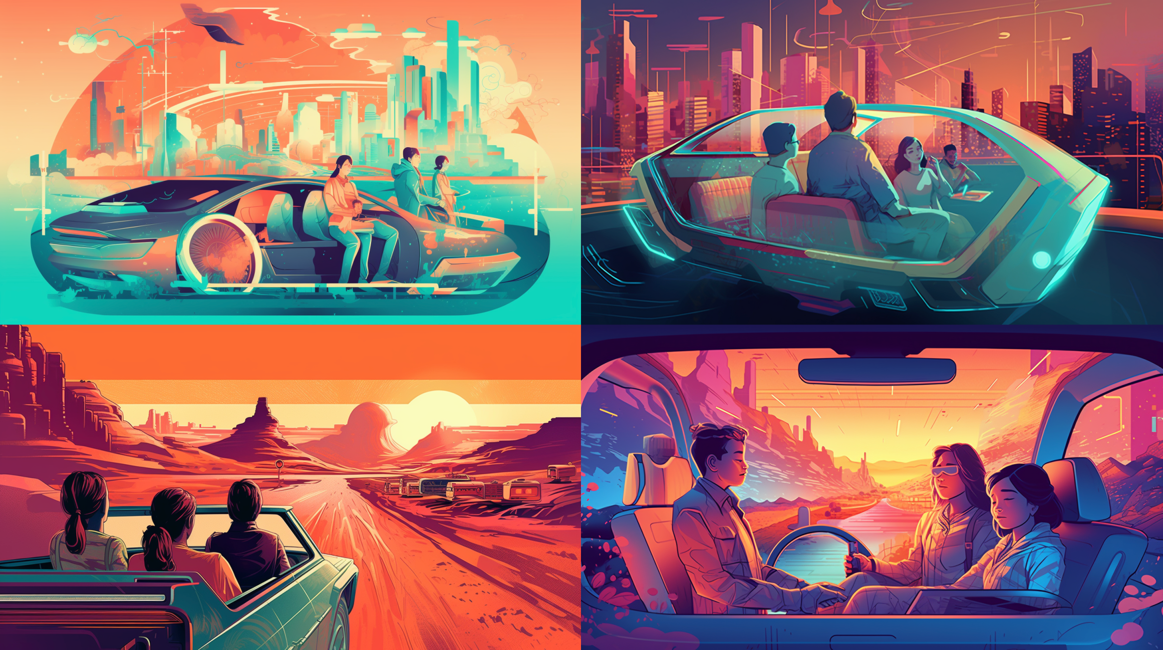 professional retrofuturism illustration, a family playing a party game in a self driving car, on highway leading trough a future landscape, --ar 16:9. Retrofuturismus