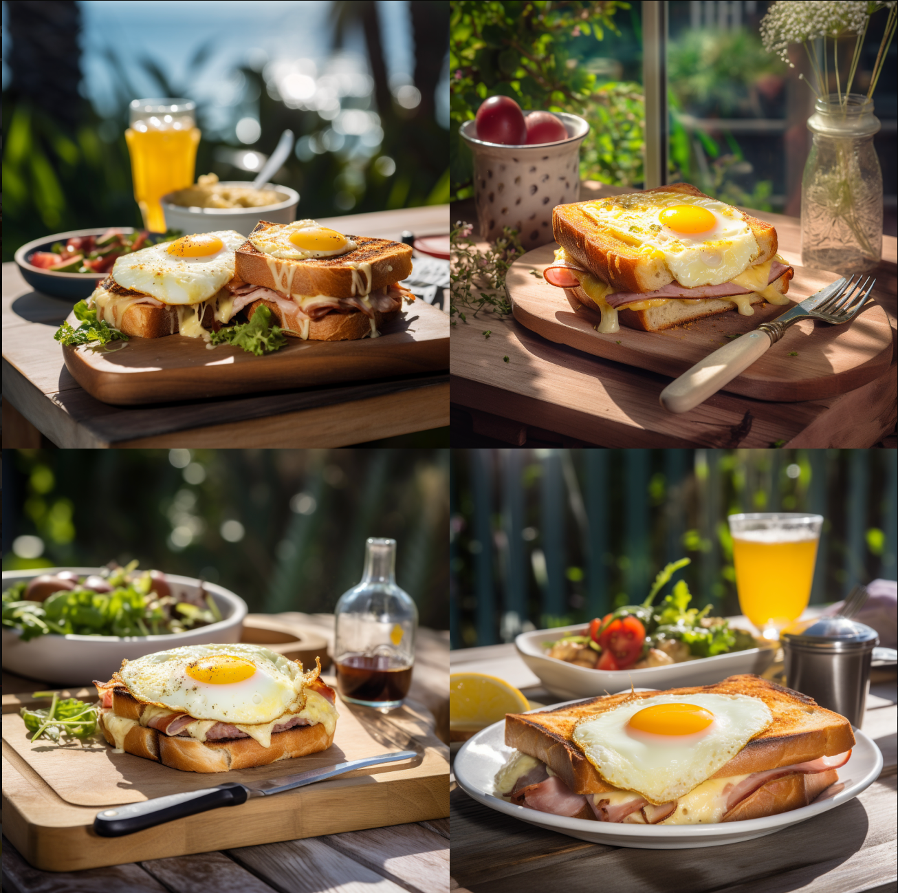 professional outdoor photography of a Croque monsieur with humble cheese, fried egg and ham toastie as a gourmet fare. presented in a typical french sunny atmosphere