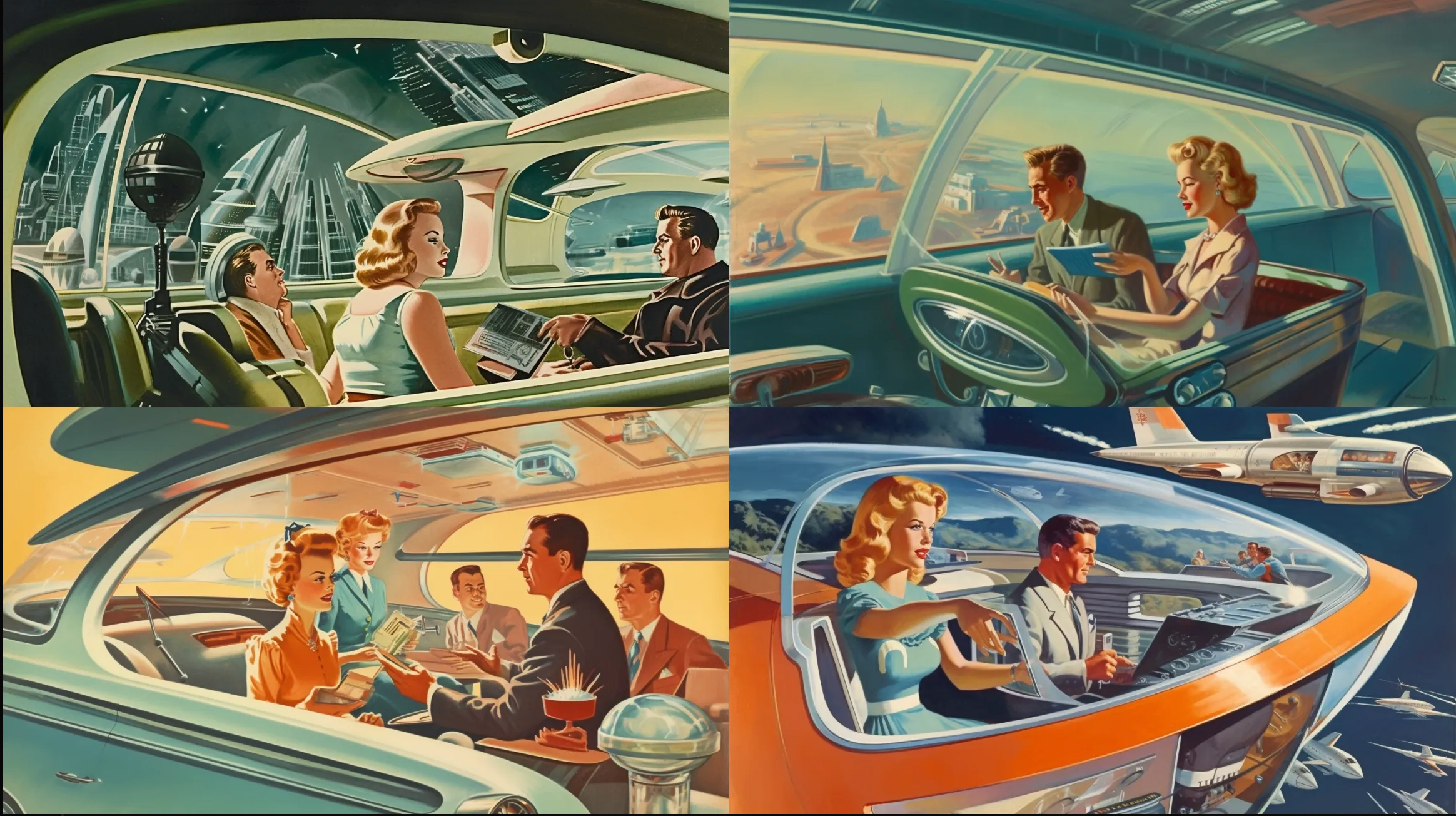A couple and two children playing a game, in a self-driving car with a glass roof, driving on a highway, viewed from a high birds perspective  Retrofuturism theme by Arthur Radebaugh1 --ar 16:9