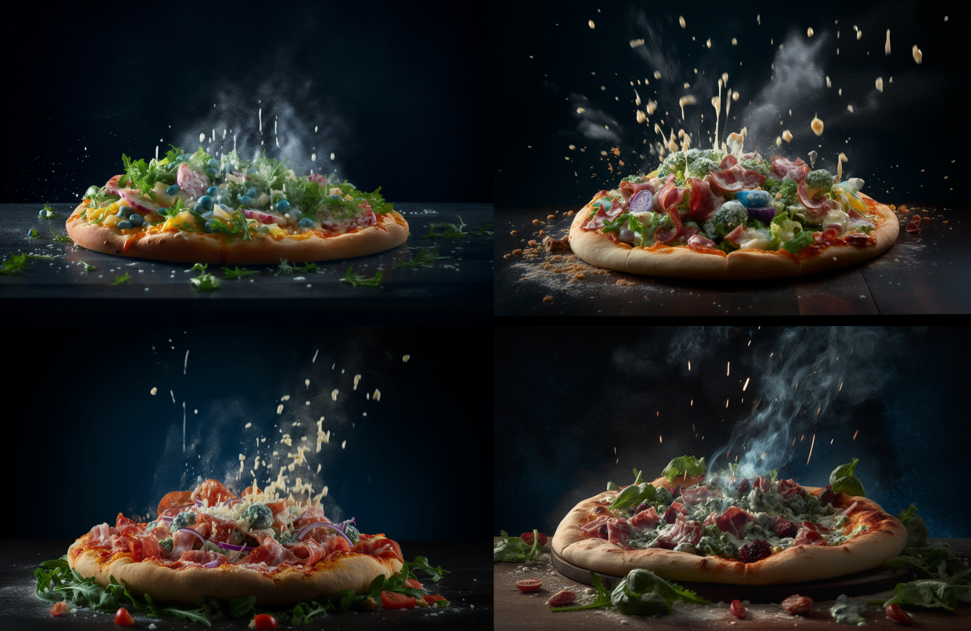 professional product photography, of a exploding pizza with salad, cheese and salami, dynamic and action-packed scene with exacting precision, in the style of dark sky-blue and light green, energetic and bold --ar 3:2 