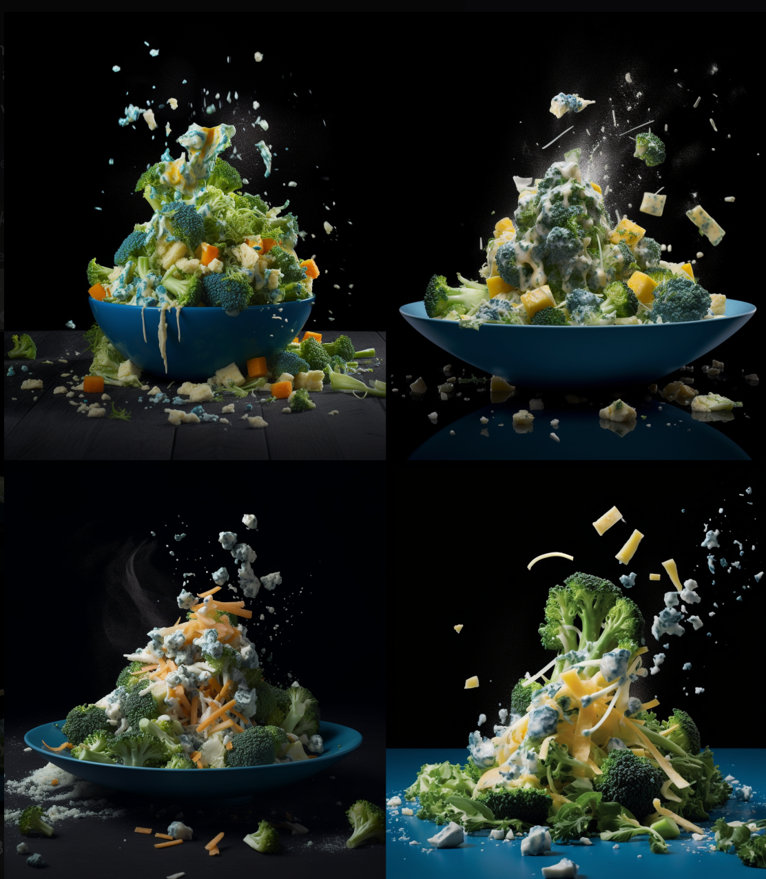the salad by john rennie is pictured with broccoli, in the style of dark cyan and sky-blue, chaotic energy, stockphoto, fragmented advertising, made of cheese, sabattier effect, clever use of negative space. KI Prompt Inspiration: Foodporn