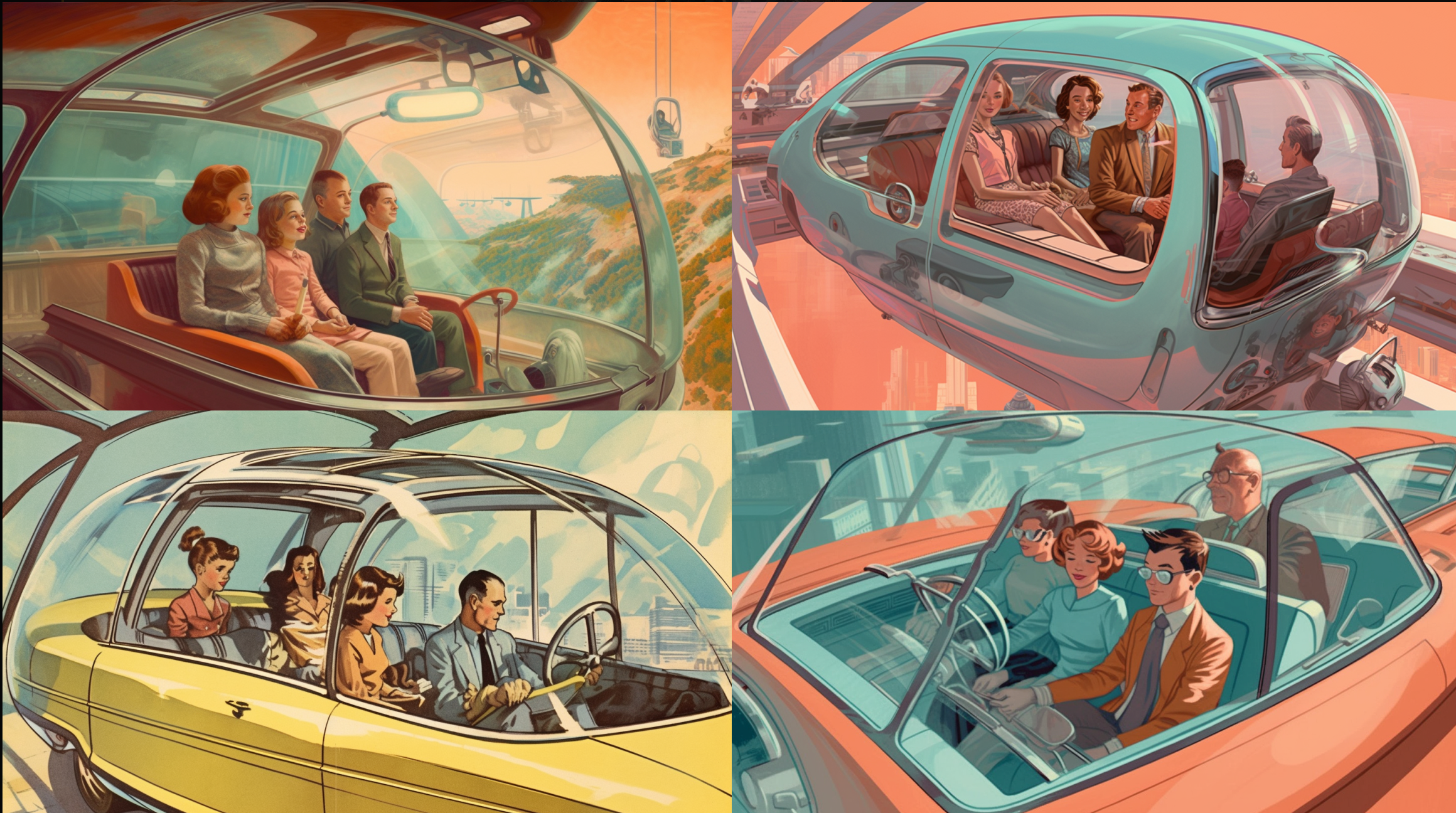 A captivating retrofuturistic illustration inspired by Arthur Radebaugh's visionary concept of self-driven cars, featuring a happy family of four - a couple and their two children - immersed in a game as they enjoy a ride in their autonomous vehicle. The scene is captured from a high bird's-eye perspective, allowing the viewer to peer through the car's transparent glass roof and observe the family's joyful interaction. --ar 16:9 