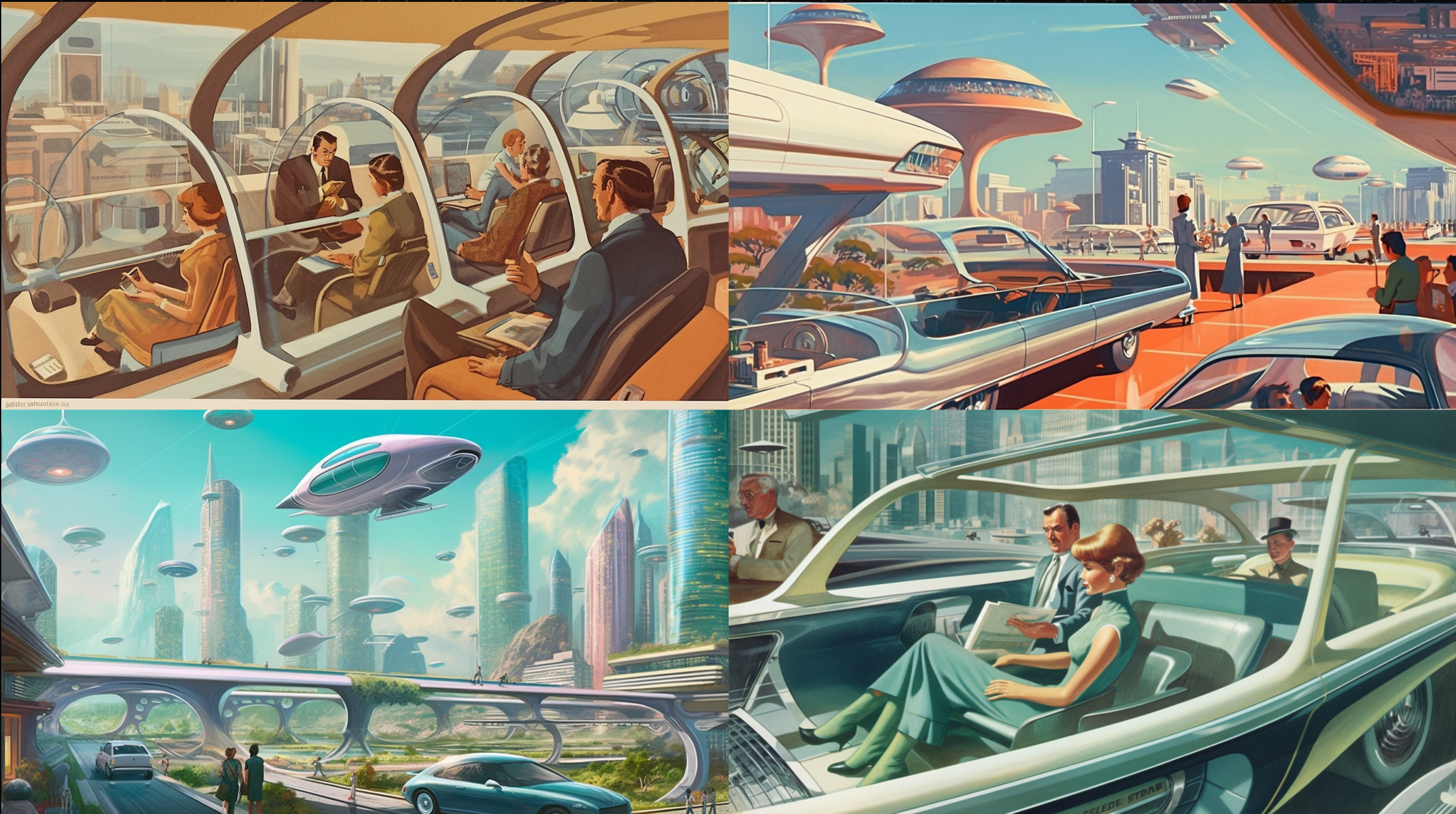 A captivating 1960s retrofuturistic panorama by Arthur Radebaugh4 featuring a happy family of four - a couple and their two children - immersed in a game as they enjoy a ride in their self driving aiutomobile5 The scene is captured from a high bird's-eye perspective, allowing the viewer to peer through the car's transparent glass roof and observe the family's joyful interaction2 The illustration is using a high-resolution digital format to emulate Radebaugh's distinctive artistic style and attention to detail. The color palette reflects the retrofuturistic theme, combining warm, nostalgic tones with vibrant hues that capture the sense of innovation and progress.  The self-driving car's design is sleek and streamlined, showcasing advanced technology and a spacious interior that provides ample room for the family to relax and engage in leisurely activities. The vehicle effortlessly navigates the highway that stretches out into the distance, winding its way through an imaginative cityscape of towering skyscrapers and avant-garde architecture In the background, the city's skyline and infrastructure evoke a sense of wonder and possibility, with subtle retrofuturistic elements that exemplify the era's optimistic vision of the future2 --ar 16:9