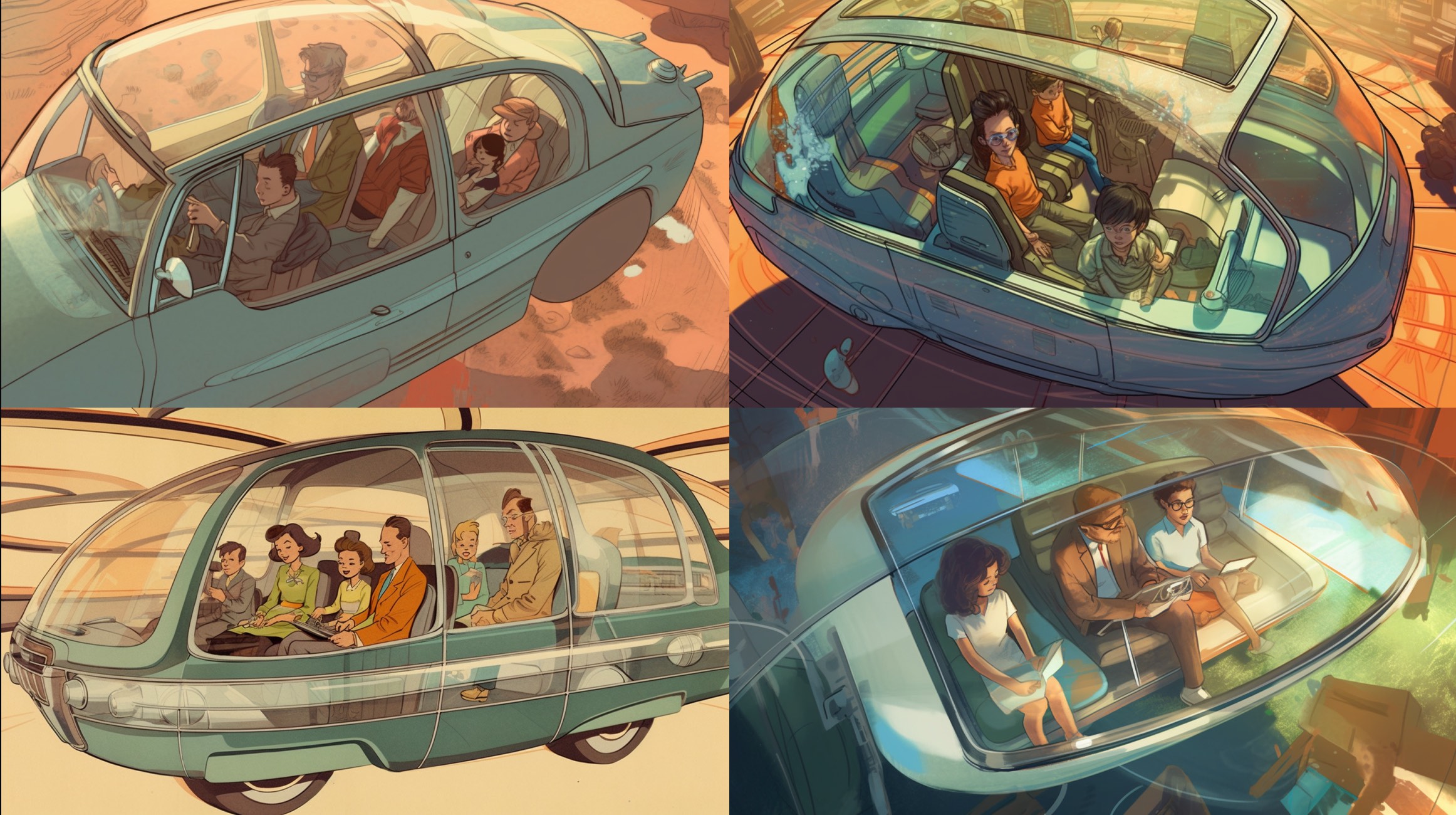 A captivating retrofuturistic illustration inspired by Arthur Radebaugh's visionary concept of self-driven cars, featuring a happy family of four - a couple and their two children - immersed in a game as they enjoy a ride in their autonomous vehicle. The scene is captured from a high bird's-eye perspective, allowing the viewer to peer through the car's transparent glass roof and observe the family's joyful interaction. The illustration is meticulously crafted using a high-resolution digital format, with a graphic tablet and advanced illustration software to emulate Radebaugh's distinctive artistic style and attention to detail. The color palette reflects the retrofuturistic theme, combining warm, nostalgic tones with vibrant hues that capture the sense of innovation and progress. The self-driving car's design is sleek and streamlined, showcasing advanced technology and a spacious interior that provides ample room for the family to relax and engage in leisurely activities. The vehicle effortlessly navigates a modern, elevated highway that stretches out into the distance, winding its way through an imaginative cityscape of towering skyscrapers and avant-garde architecture. In the background, the city's skyline and infrastructure evoke a sense of wonder and possibility, with subtle retrofuturistic elements such as flying vehicles, neon signs, and cutting-edge transportation systems that exemplify the era's optimistic vision of the future. The lighting in the illustration is carefully designed, with soft, diffused sunlight casting long shadows across the elevated highway and the city below, adding depth and dimension to the scene. The warm, golden tones of the sunlight contrast with the cooler hues of the cityscape, creating a visually striking composition. This engaging and masterfully executed illustration pays tribute to Arthur Radebaugh's original ideas while offering a contemporary reinterpretation, envisioning a future where autonomous vehicles transform the way families travel and connect with one another. --ar 16:9