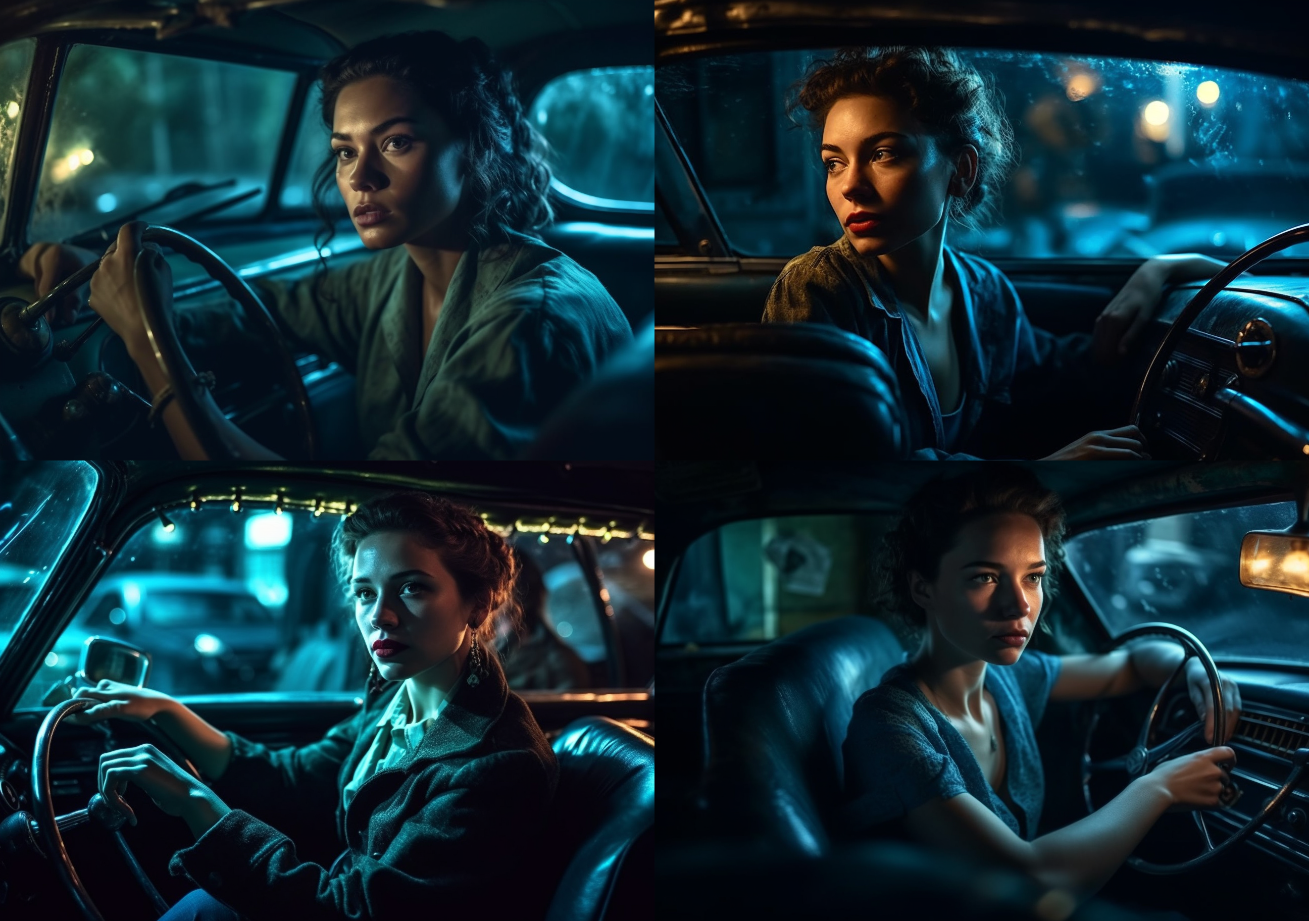 »a model sitting in the driver's seat of a vintage car, in the style of bioluminescence, freakshow, national geographic photo, high quality photo, candid atmosphere, maria kreyn, stock photo --ar 10:7 --s 750 --q 2 --v 5«. KI-Prompt Inspiration: Describe