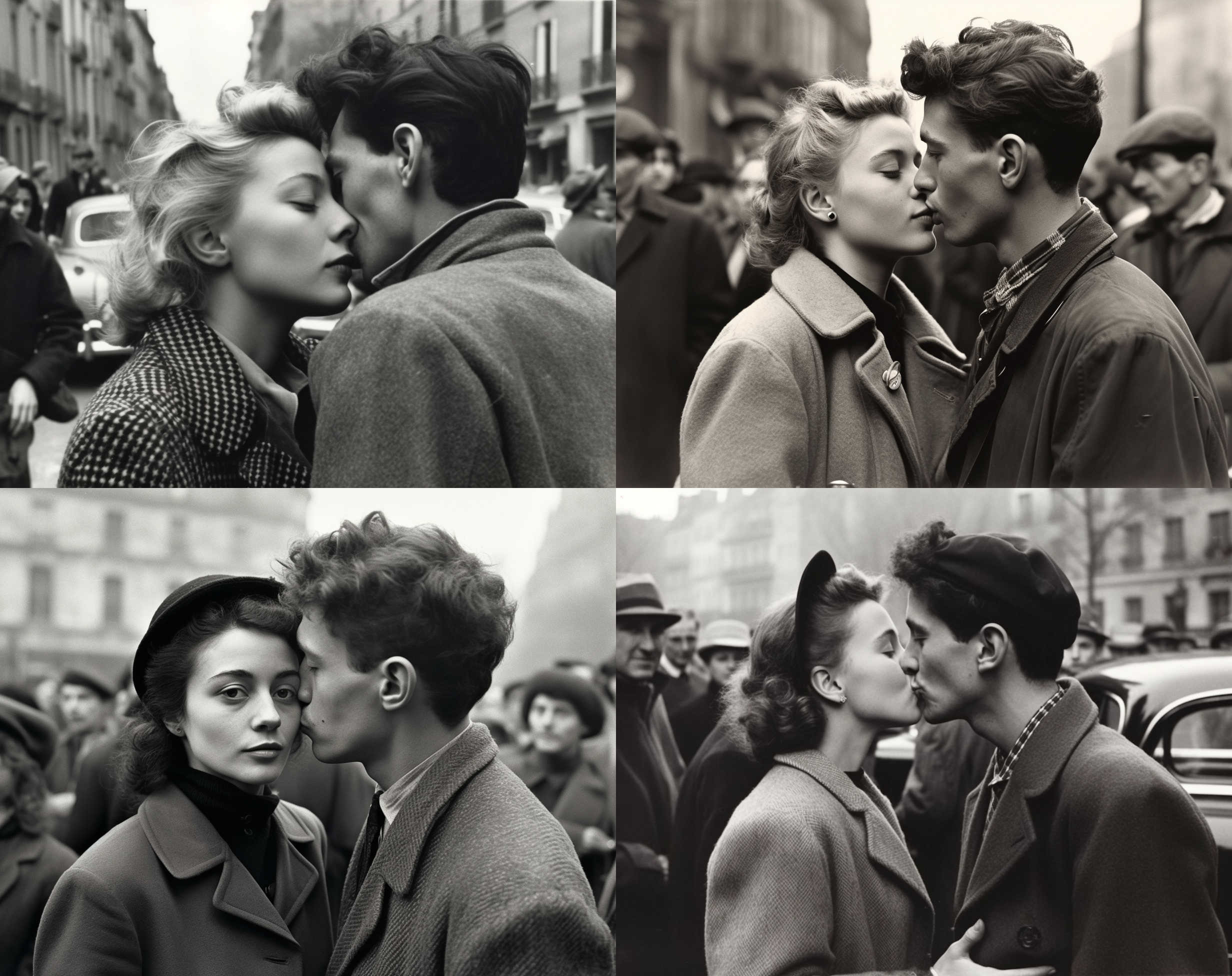 »person on march 22, 1961 the photograph is a black and white image of two people kissing, in the style of post-world war ii school of paris, street style realism, 1940s–1950s, emphasizes emotion over realism, back button focus, feminine affluence, frayed --ar 29:23 --s 750 --q 2 --v 5«