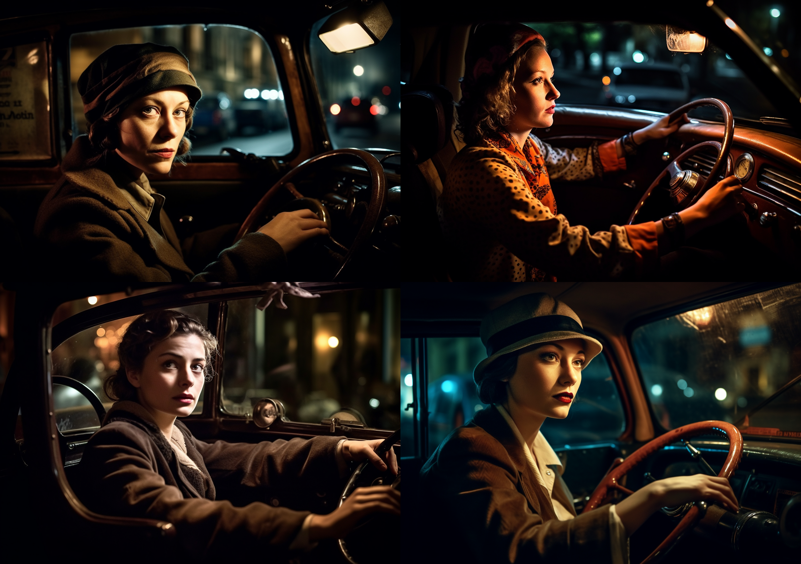 »a person is driving a night car for some reason, in the style of retro glamour, vibrant portraiture, freakshow, national geographic photo, pre-world war ii school of paris, photo taken with provia, chiaroscuro portraitures --ar 10:7 --s 750 --q 2 --v 5«. KI-Prompt Inspiration: Describe