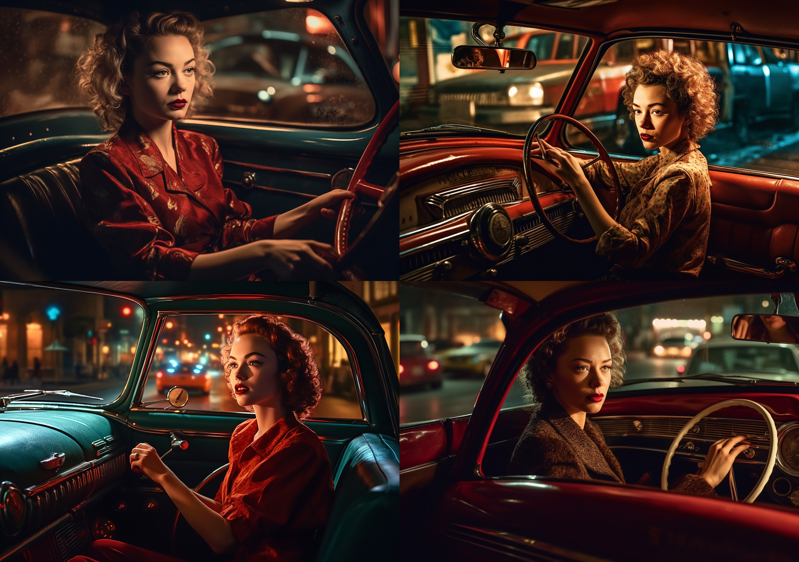 »lisa jackson driving nighttime at a red light 2016, in the style of matthias haker, retro glamour, amy earles, ivan albright, stockphoto, candid atmosphere, 1940s–1950s --ar 10:7 --s 750 --q 2 --v 5«. KI-Prompt Inspiration: Describe