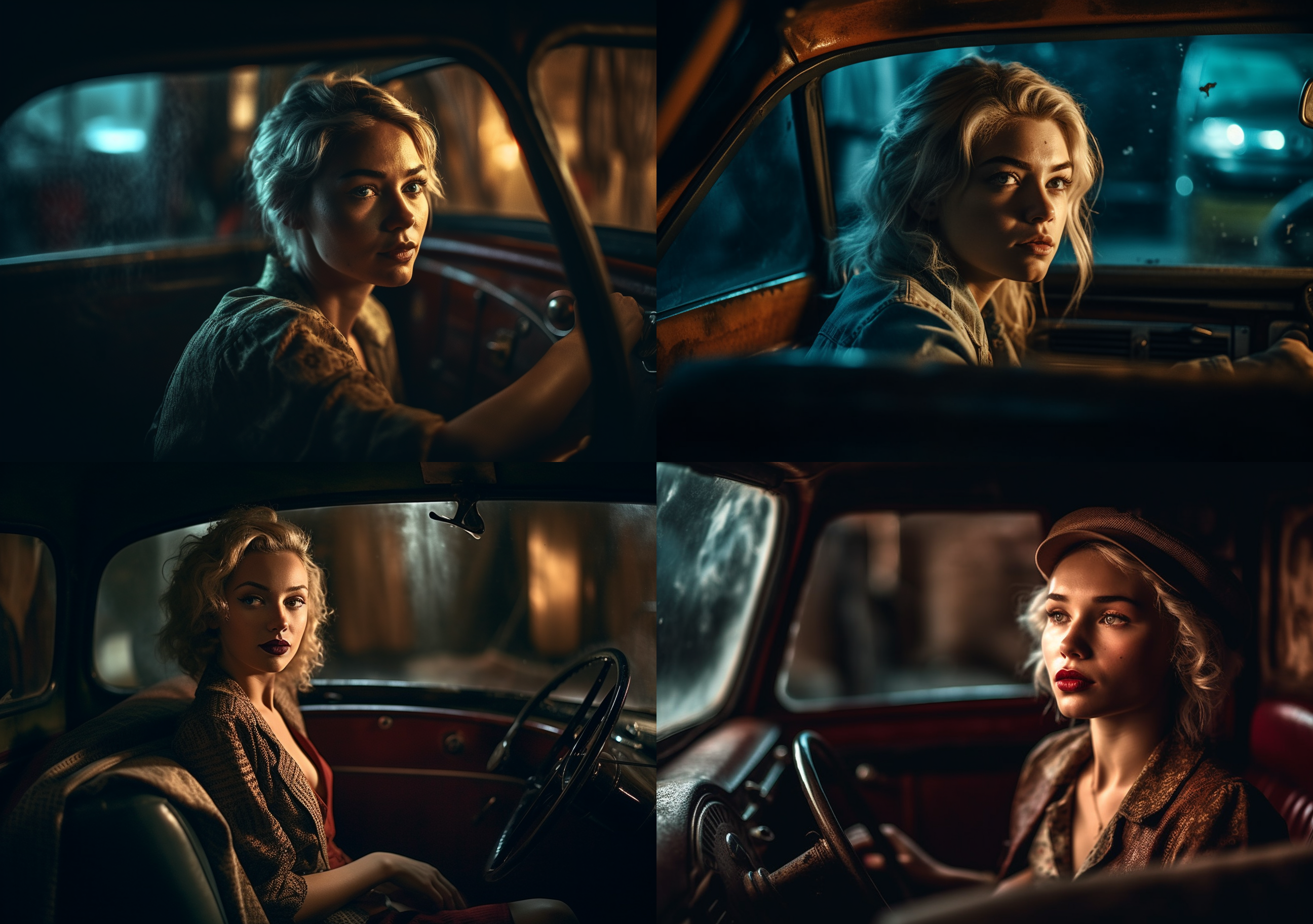 »gif of a blonde sitting inside an old car, in the style of chiaroscuro lighting, traditional portraiture, leica i, carnivalesque, national geographic photo, stock photo, high quality photo --ar 10:7 --s 750 --q 2 --v 5«