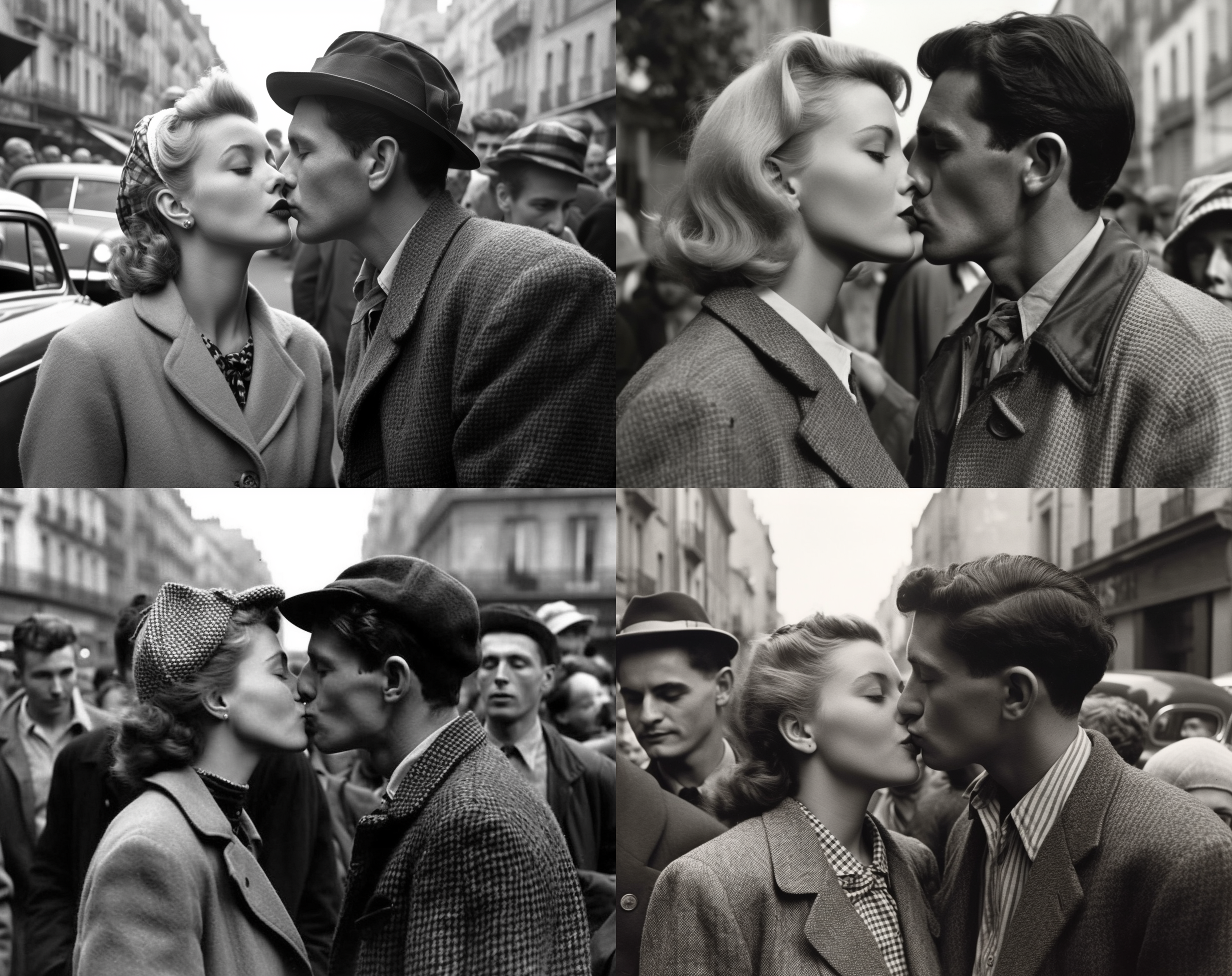»the kiss, by jules seargent & claire reynaud 1952, in the style of urban emotions, candid atmosphere --ar 29:23 --s 750 --q 2 --v 5«