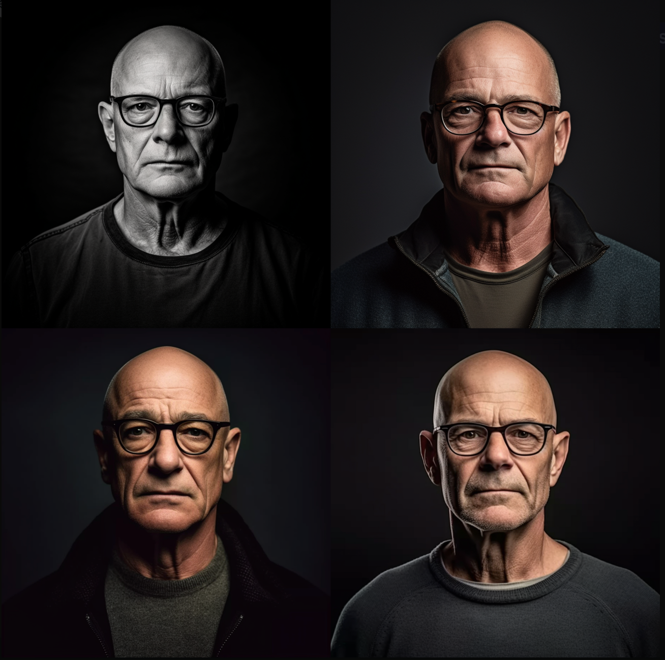 A man, 55 years, rather tall overweight, gray bald head and circular black-framed glasses. Prompt Inspiration: Fashionstyle