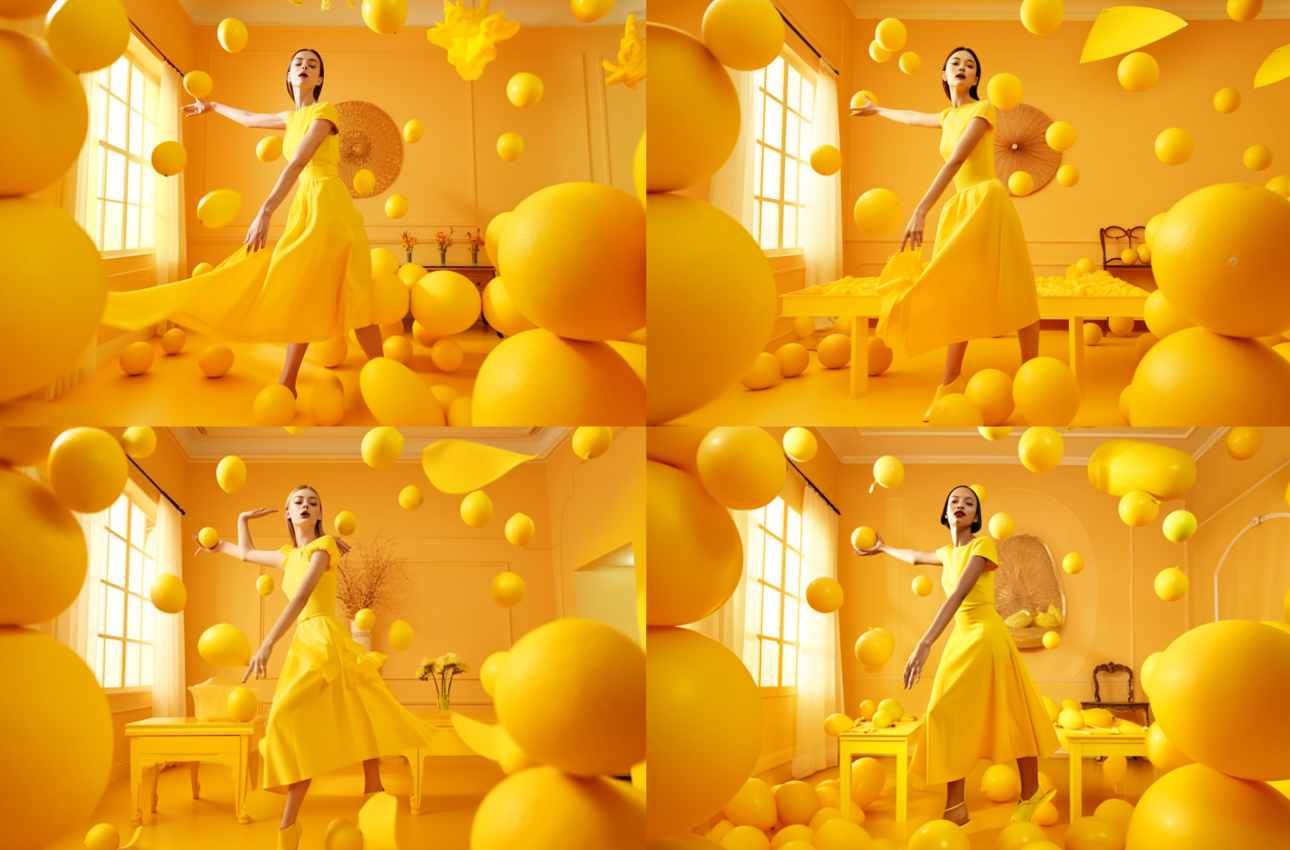 fashion photography of woman in a yellow dress, dancing in a in every Detail yellow room, around yellow Lemon scultures, grapefruit juggling, in sunlight, pantone radiant yellow