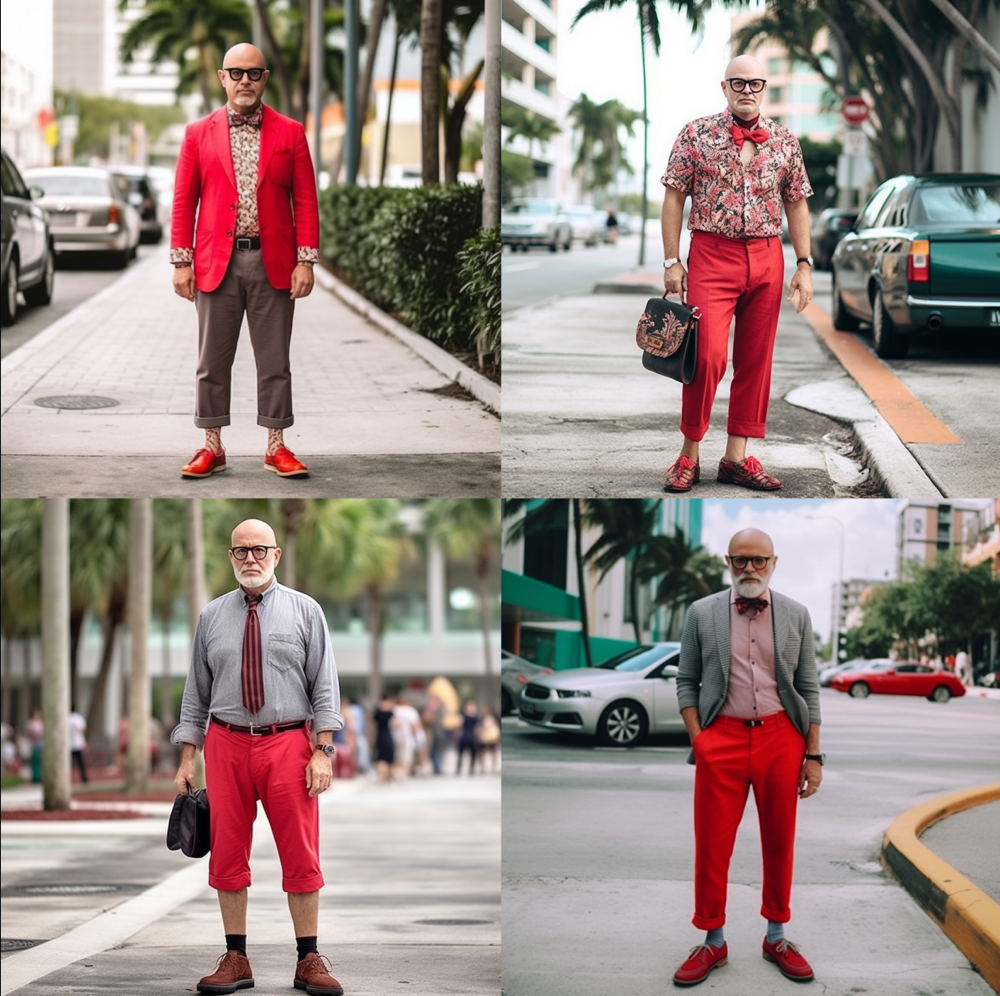 fashion photo, A Man, 45 years, tall, overweight, gray bald head and bold round black rimmed glasses, miami streetstyle with red budapester shoes