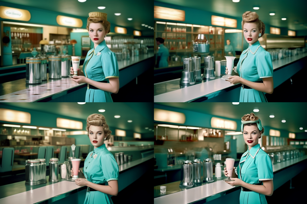 turquoise color photography of a female waitress in a turquoise dress, serving turquoise milkshake in 1950's complete from floor to ceiling turquoise diner, all colors pantone Limpet shell,