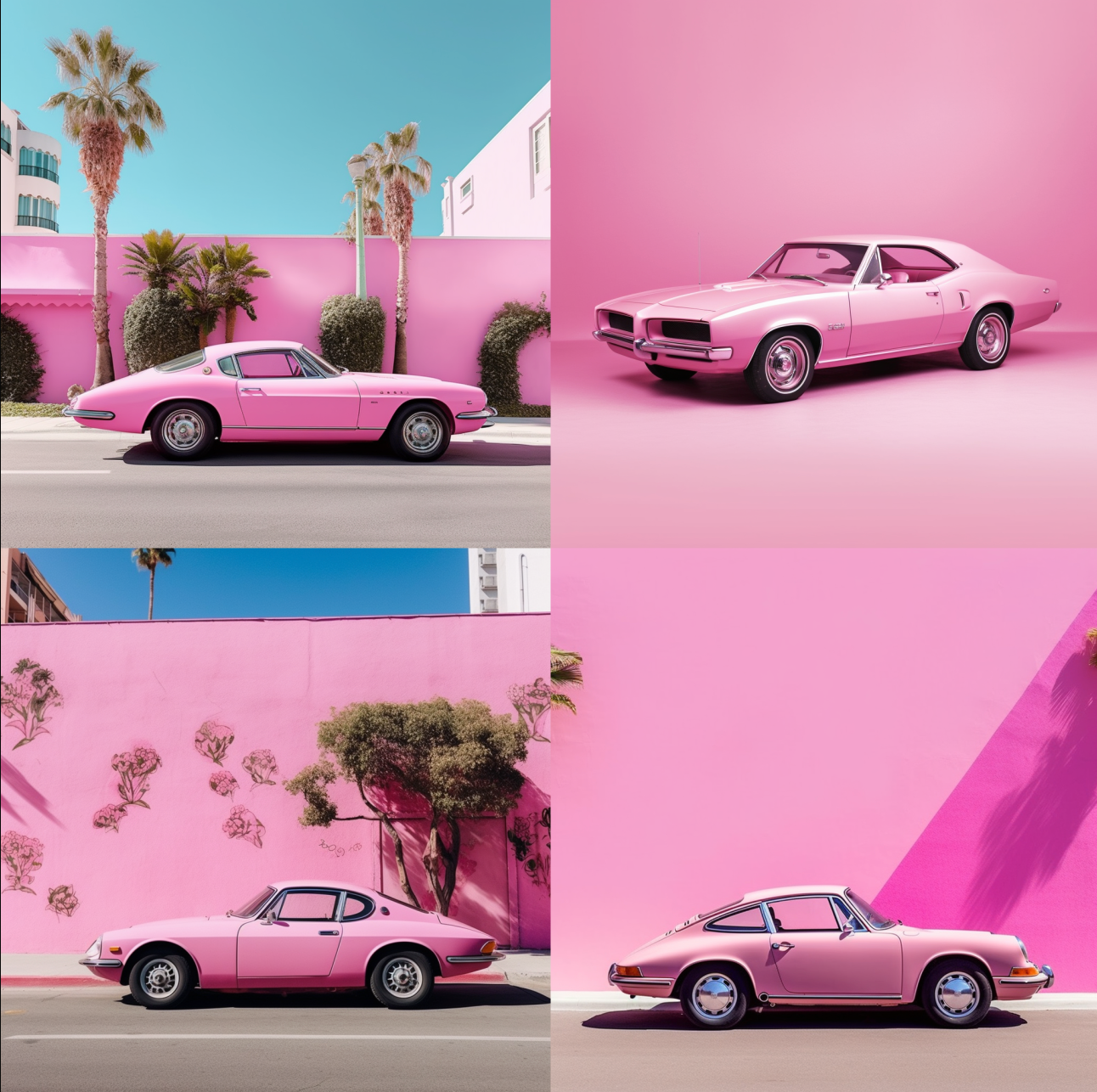 photo of colored car, pink. KI Prompt Inspiration: Monochrome