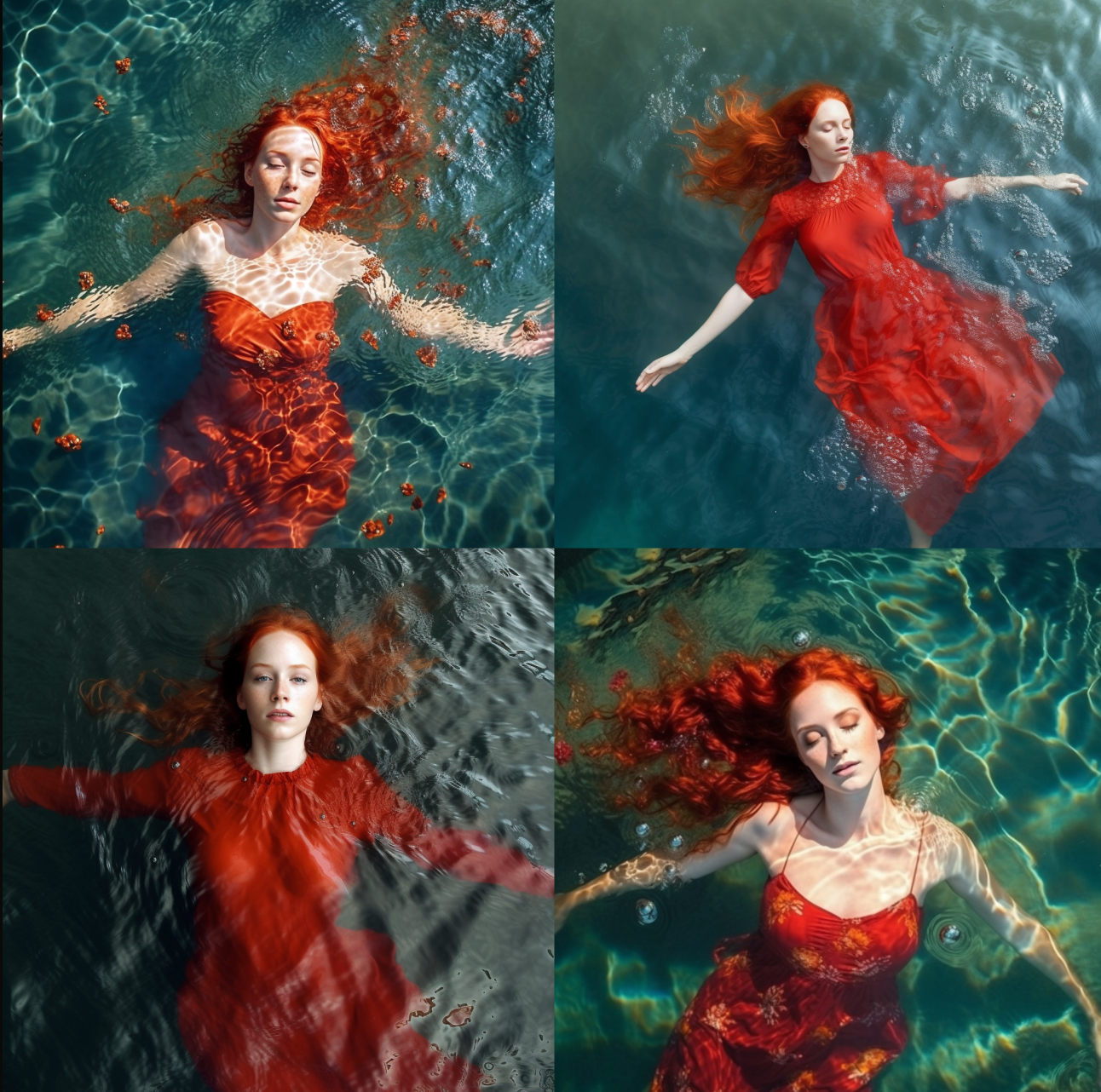 photo of a young woman with red hair in a red summer dress swims in red liquid, bold red. KI Prompt Inspiration: Monochrome