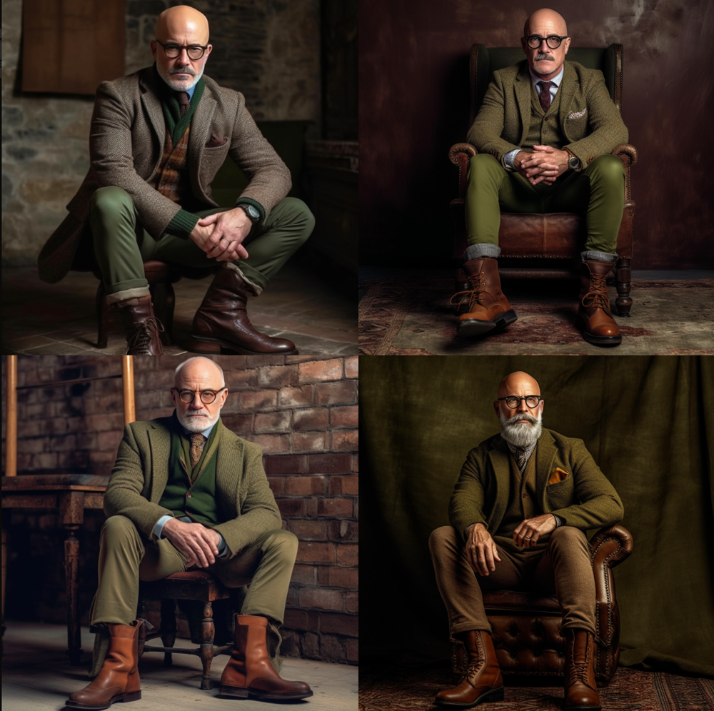 fashion photo, A Man, 45 years, tall, overweight, unshaved gray bald head and bold round black rimmed glasses, he wears a collared shirt with a tie and a green tweed jacket, green tweed trousers and brown boots. Prompt Inspiration: Fashionstyle