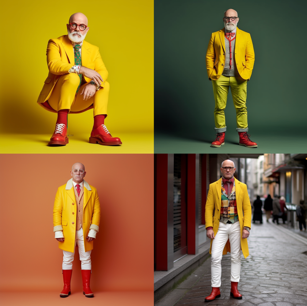 fashion photo, A Man, 45 years, tall, overweight, unshaved gray bald head and bold round black rimmed glasses, he wears a red collared shirt with a yellow tie and a green jacket, yellow trousers and white boots