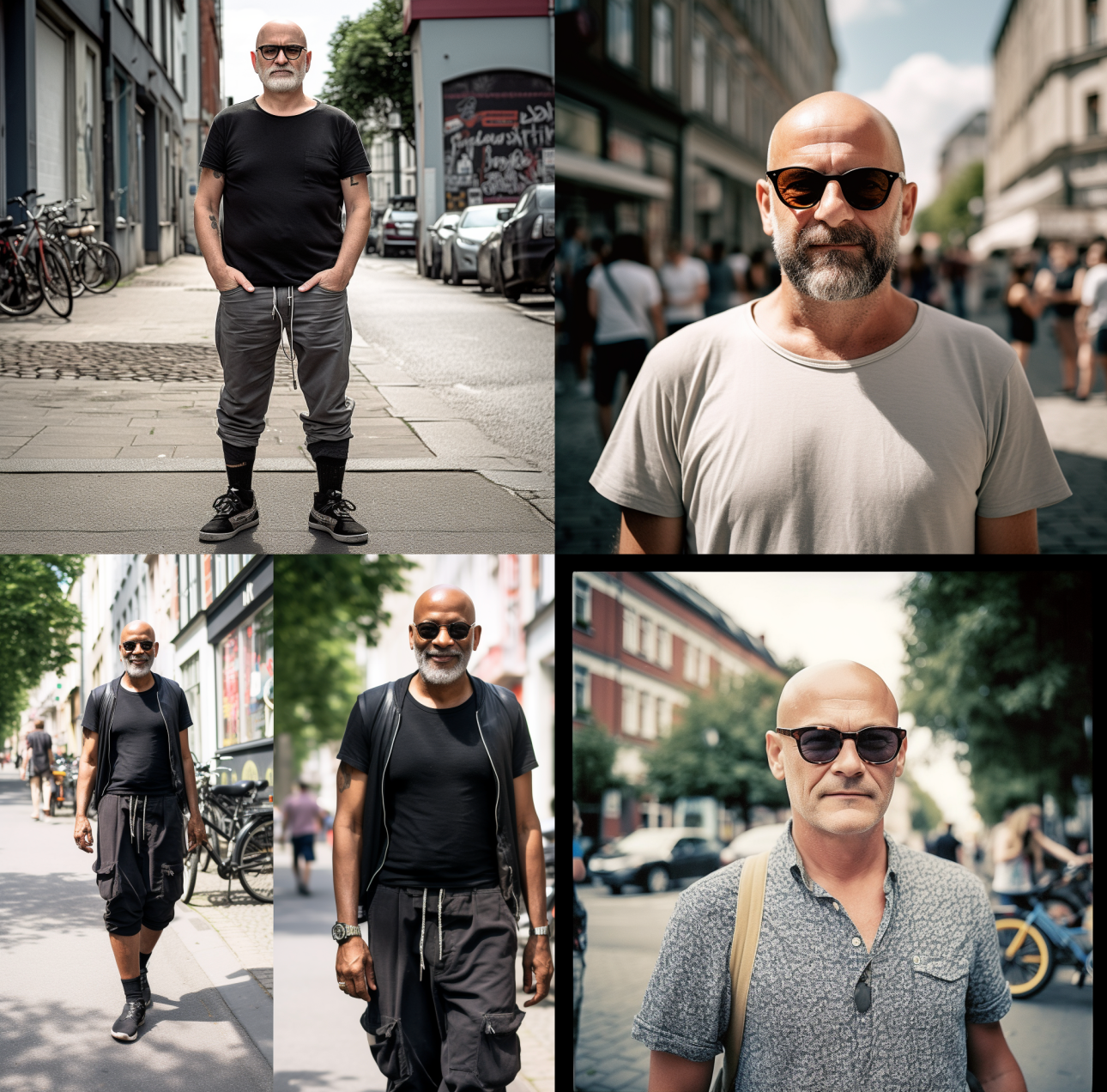 fashion photo, A Man, 45 years, tall, overweight, unshaved gray bald head and bold round black rimmed glasses, berlin kreuzberg summer streetsyle with sneekers