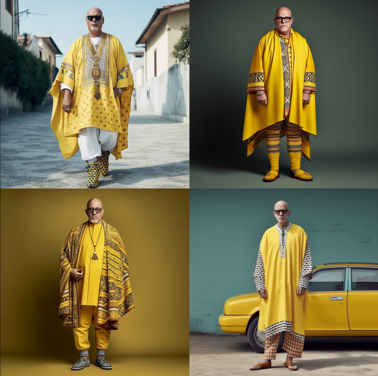 fashion photo, A white colored Man, 45 years, tall, overweight, unshaved gray bald head and bold round black rimmed glasses, african kaftan style with yellow budapester shoes 