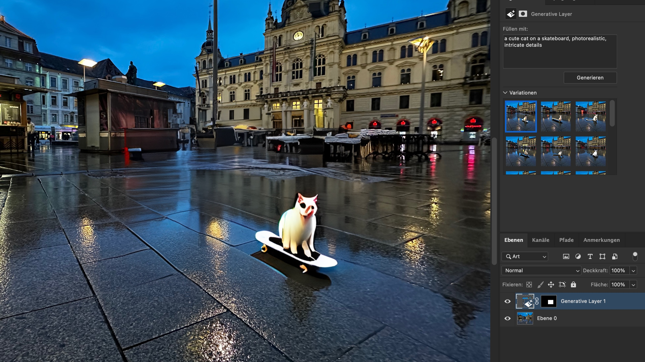 Die Katze auf dem Skateboard ist eingefügt. Die automatisch eingefügte Spiegelung auf dem nassen Untergrund meines Fotos ist beeindruckend – Tiere und Menschen gehen aber im Allgemeinen noch nicht so gut. Da muss die generative Füllung noch zu Midjourney und Stable Diffusion aufschließen.