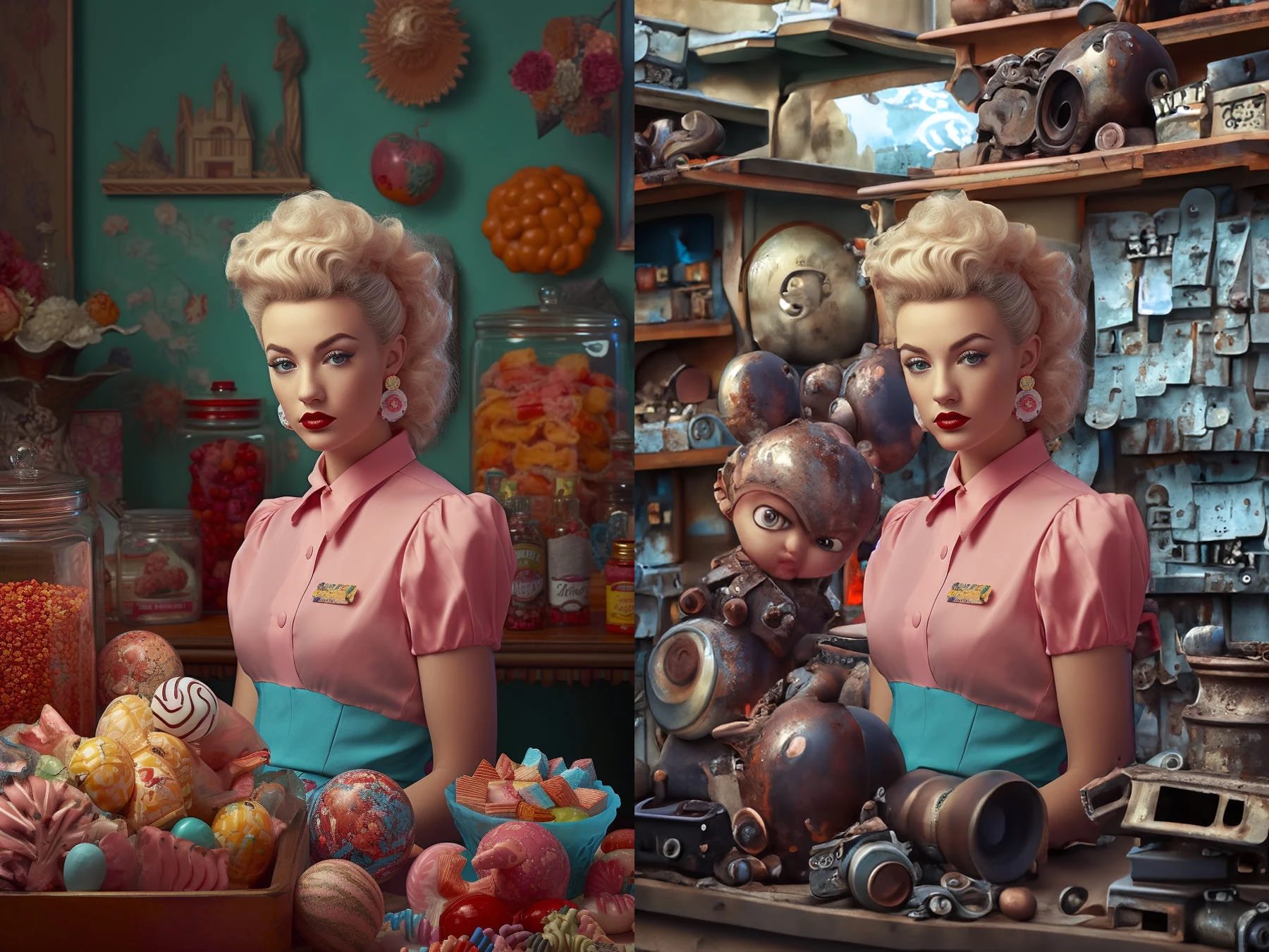 Das Bild links ist mit Midjourney erzeugt. Rechts habe ich die Frau lose ausgewählt und Hintergrund und Vordergrund in einem Schritt gegen einen Metallwaren-Shop ausgetauscht.