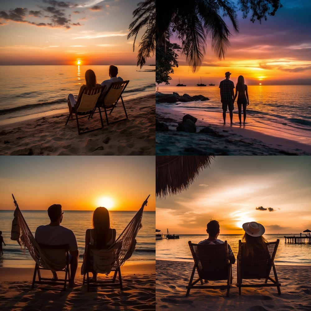 photo, happy couple, enjoy luxury sunset looking on the beach during summer vacations