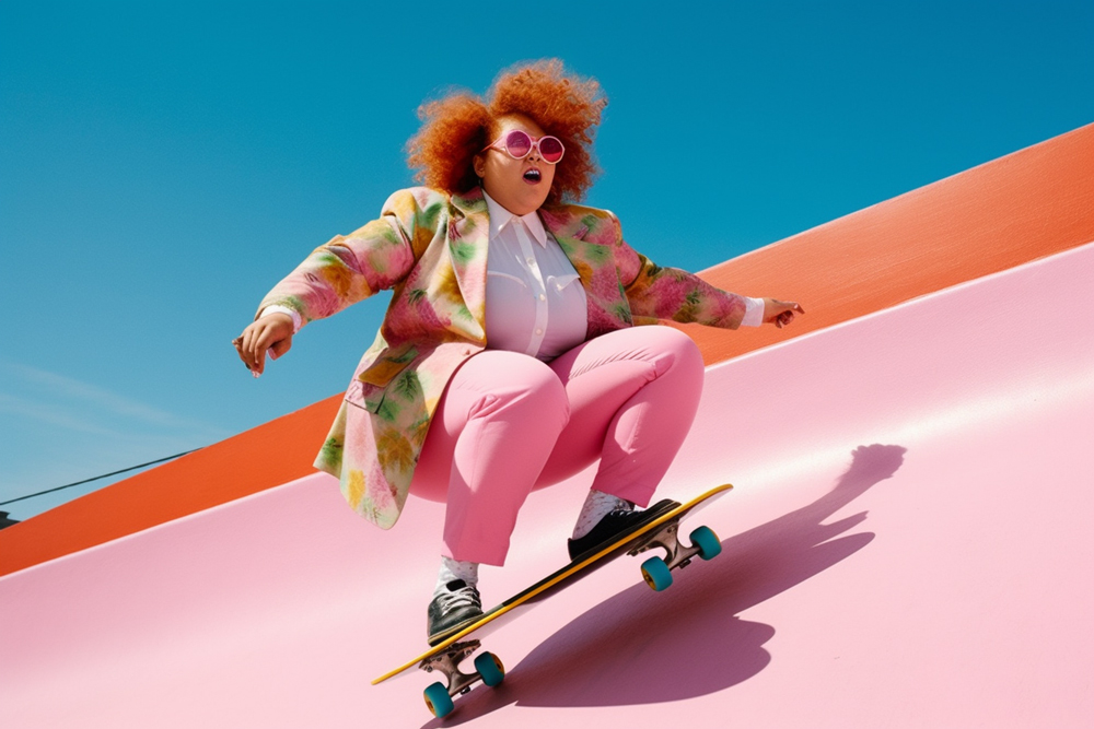 Photography of a plus size overweight fat body positive lgbtq woman with red hair and pink glasses rides a skateboard from the 80s through a halfpipe --ar 3:2